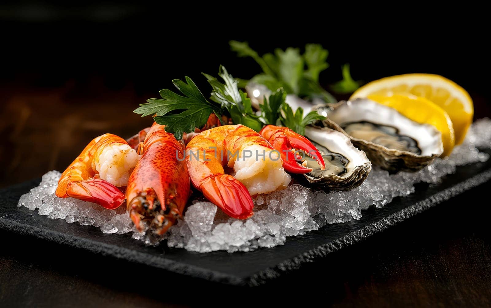 An elegant seafood platter featuring lobster, shrimp, oysters, and lemon, served on ice.