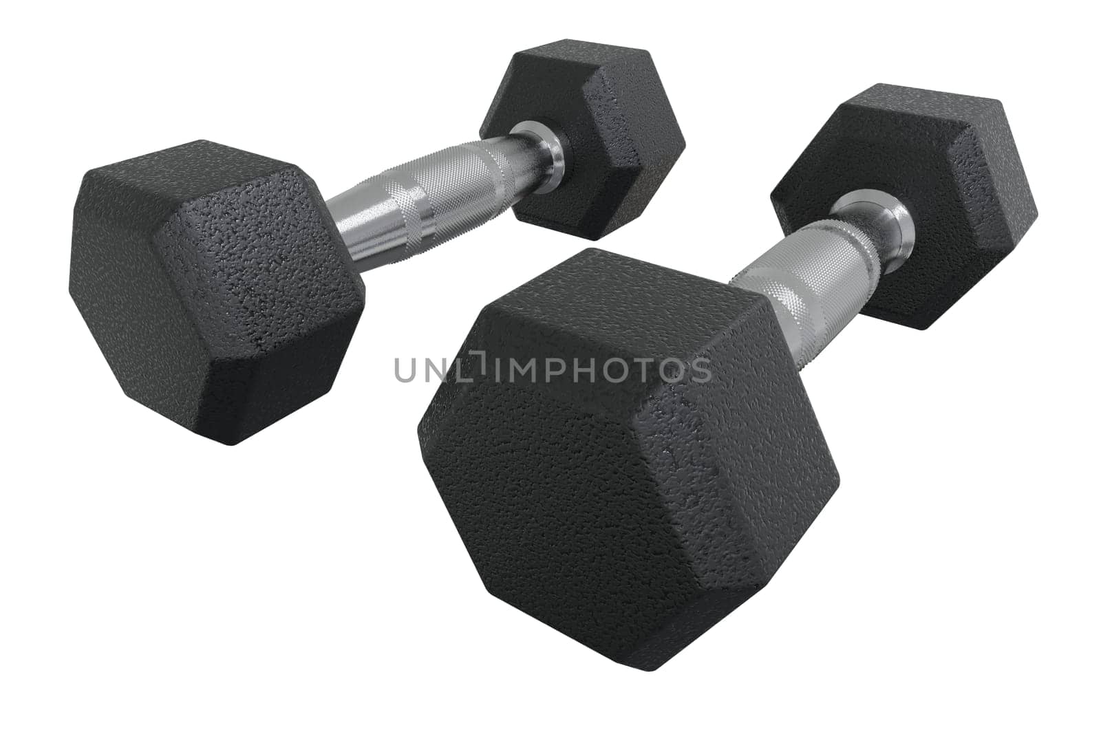 Blank Two Hex Dumbbells, weightlifting gym equipment, isolated on white background. 3D illustration