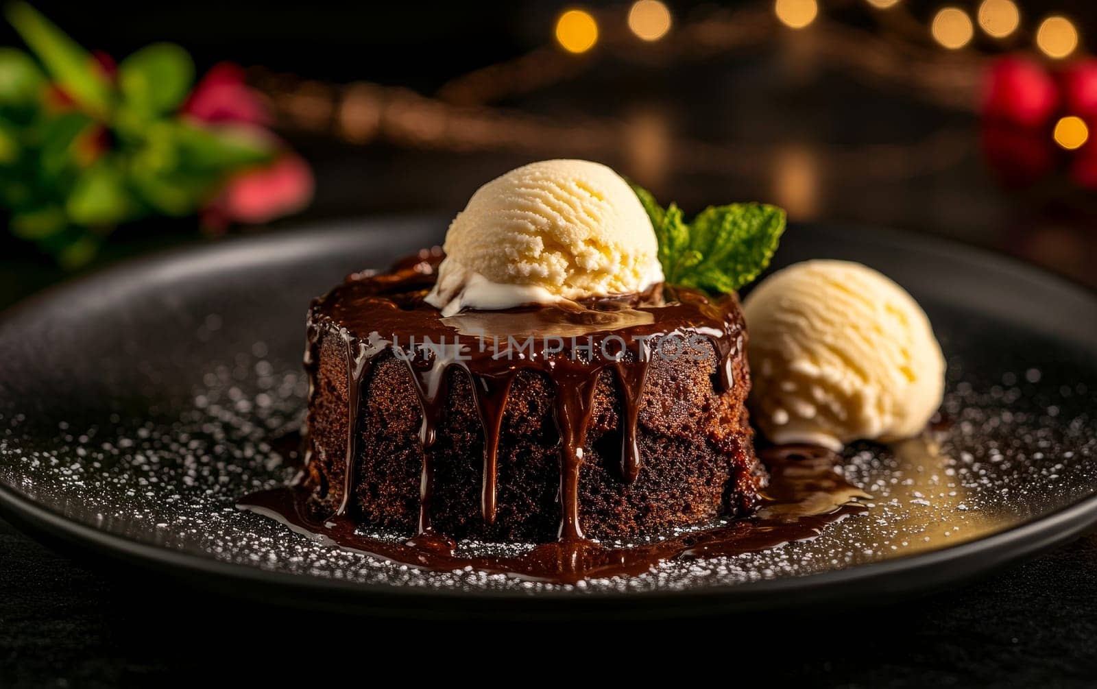 A decadent chocolate cake topped with melting ice cream and chocolate sauce, sprinkled with powdered sugar.