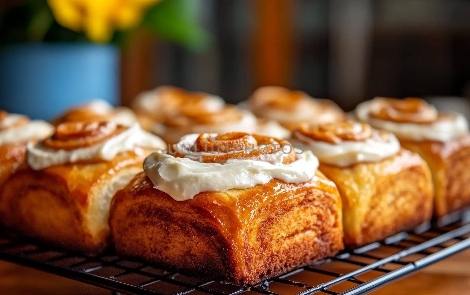 Warm, freshly baked cinnamon rolls topped with creamy icing, perfect for a sweet breakfast treat.