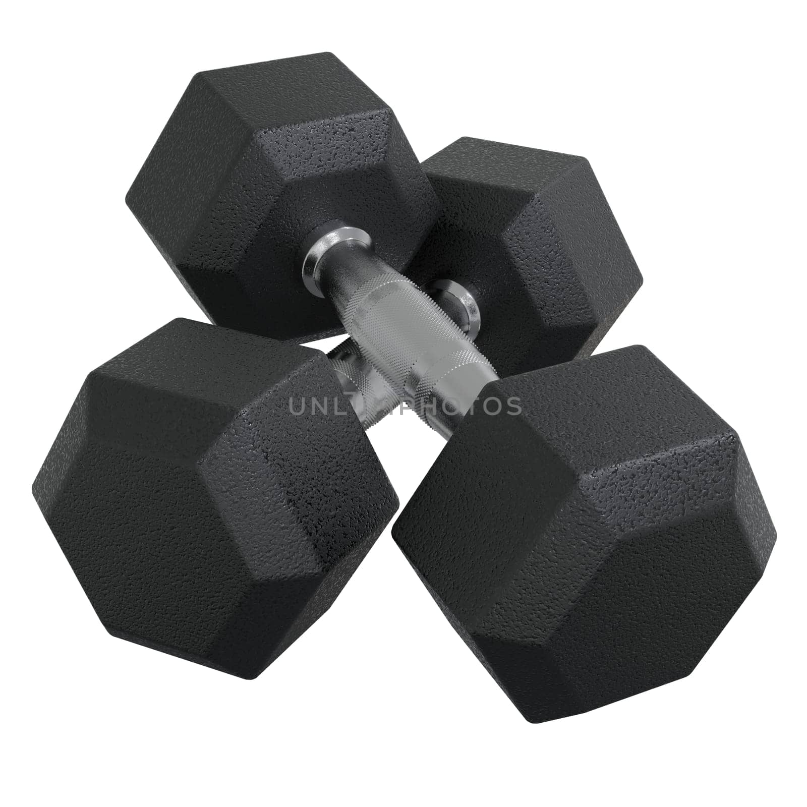 Blank Two Hex Dumbbells, weightlifting gym equipment, isolated on white background. 3D illustration