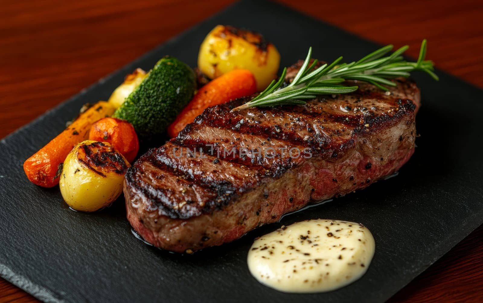 Juicy grilled steak accompanied by roasted vegetables and a creamy sauce on a slate platter.