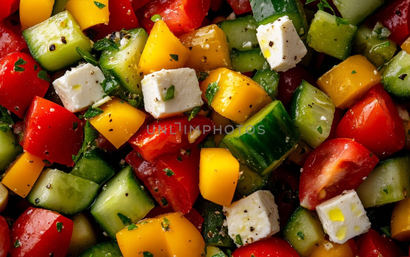 Colorful Greek salad with cucumber, tomatoes, bell peppers, and feta cheese, seasoned with herbs.