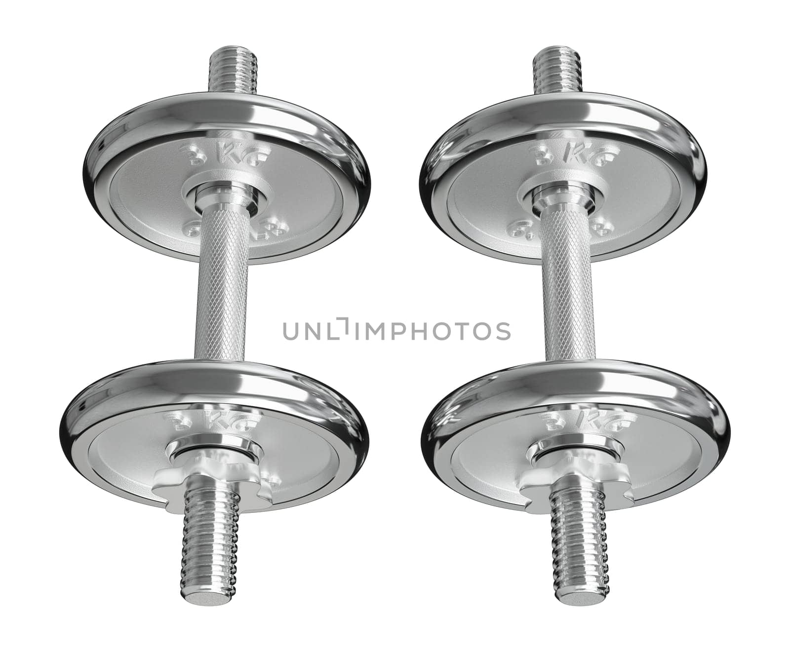 Cast Iron Chrome Adjustable Dumbbells, weightlifting gym equipment, side view, isolated on white background. 3D illustration