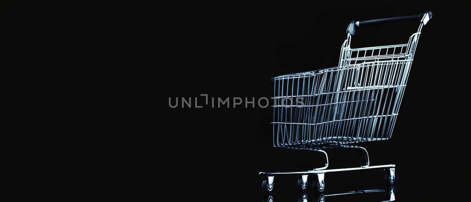 A sleek silver shopping cart in a dark setting, perfect for modern retail concepts with copy space.