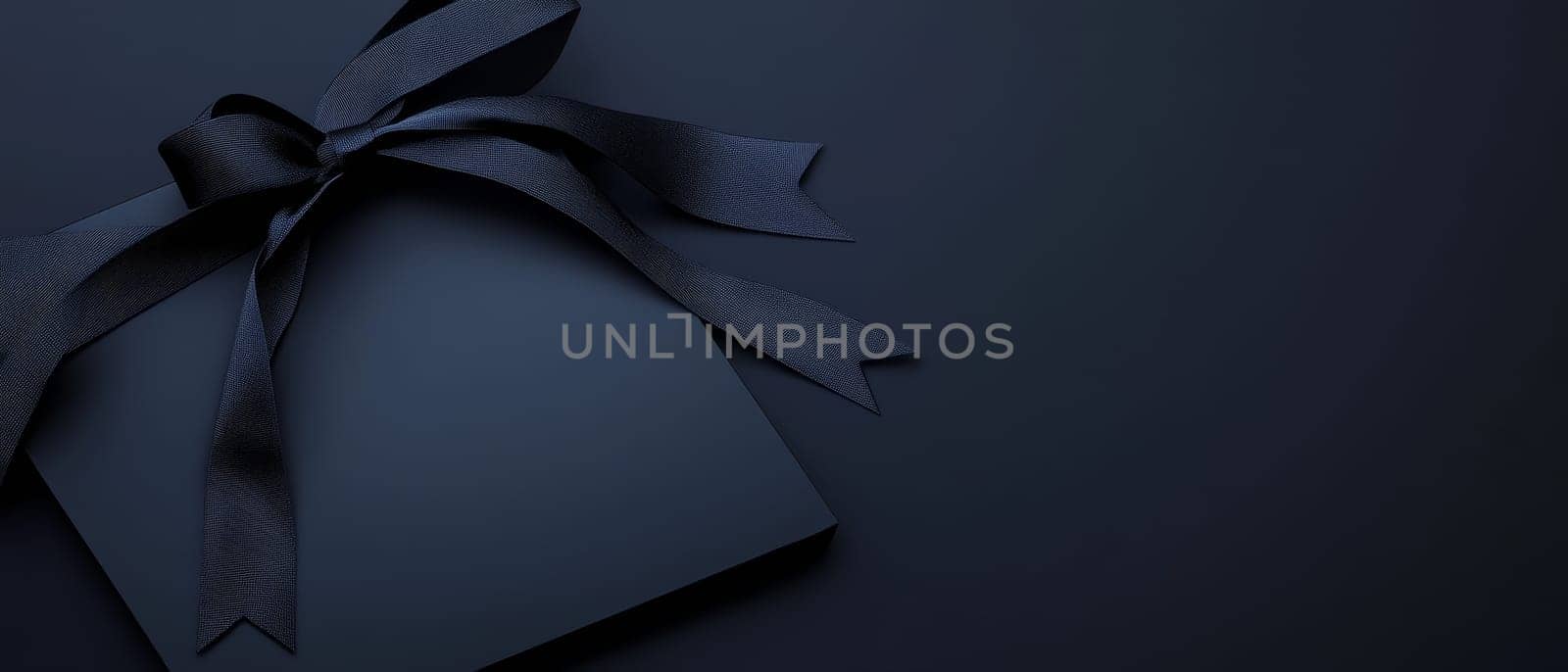 Sophisticated navy blue gift box with a matching ribbon bow, placed on a dark background. Luxurious presentation with ample space for text, ideal for high-end product or event marketing.