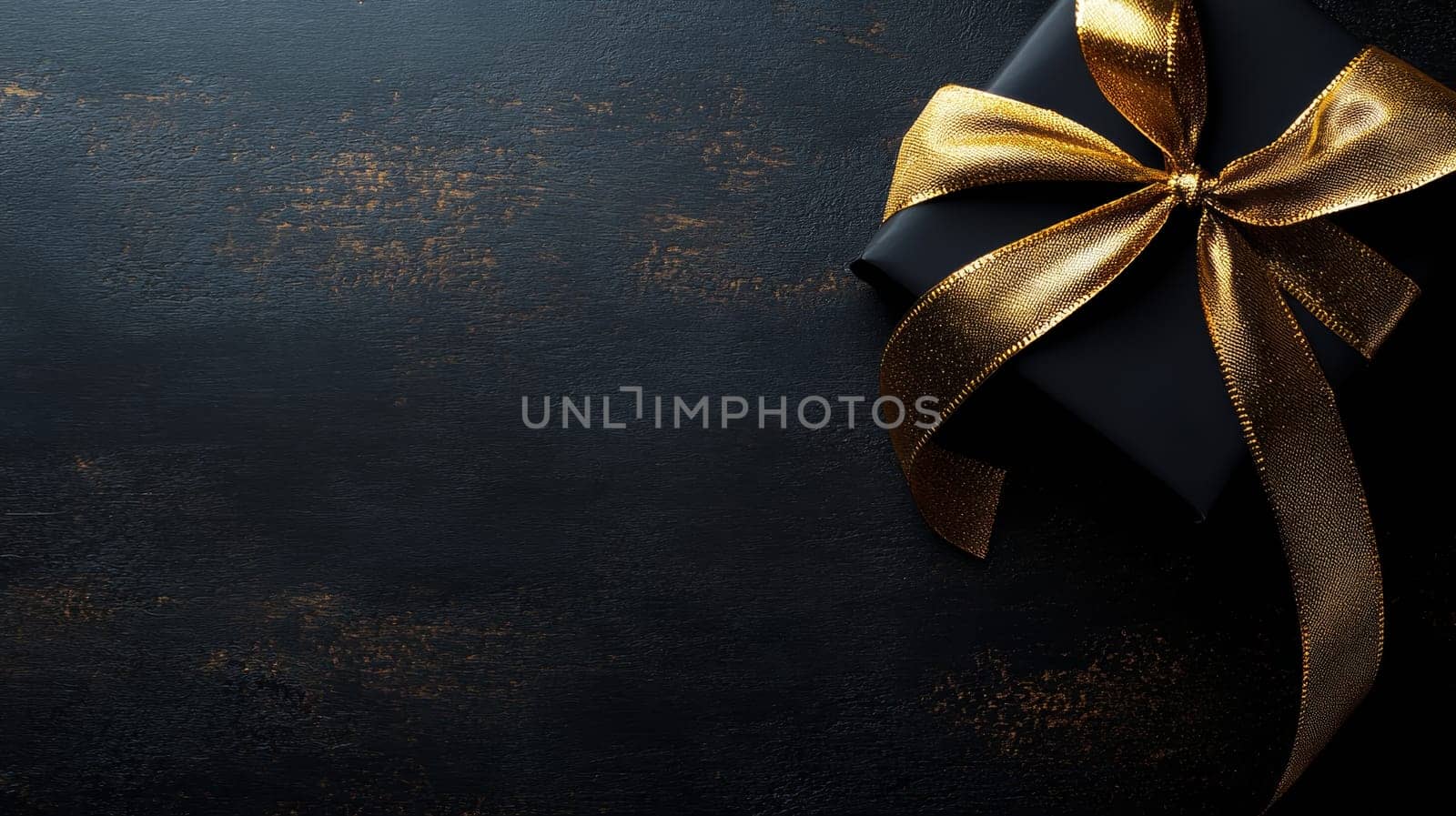 A luxurious black gift box adorned with a shimmering golden ribbon, placed on a dark textured background with copy space.