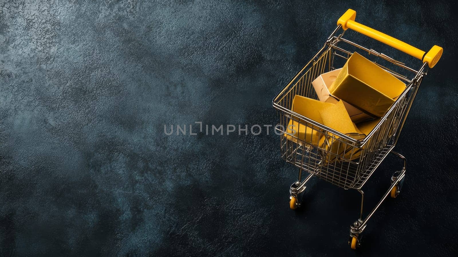 Miniature shopping cart filled with yellow boxes on dark textured background. E-commerce and online shopping concept with copy space.