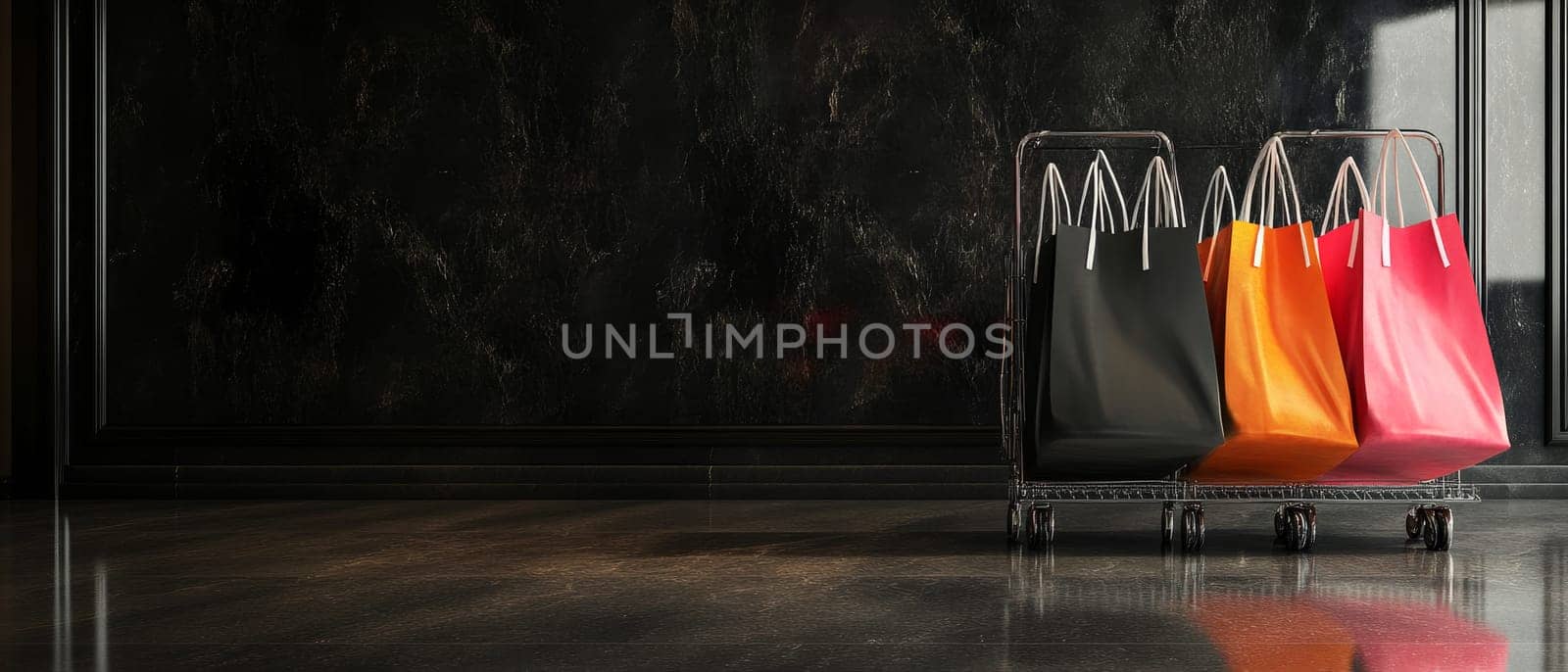 Vibrant shopping bags in black, orange, and pink placed on a metallic rack against a dark, textured wall. Luxurious retail setting with reflective floor, perfect for high-end shopping concepts.