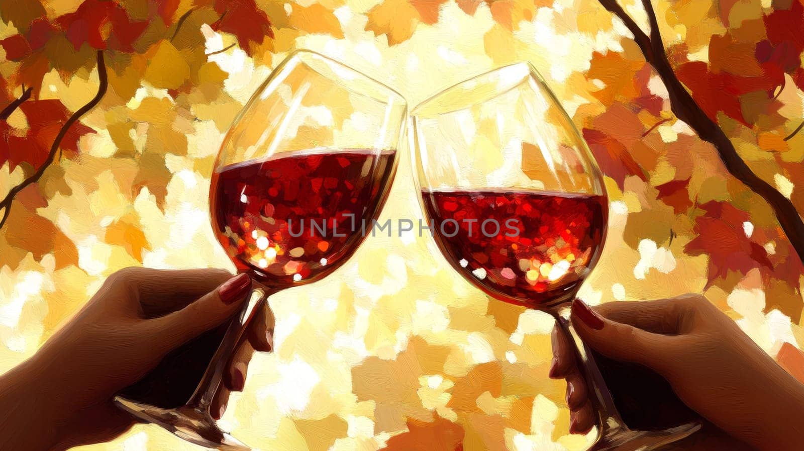 Two hands toasting with glasses of red wine against a vibrant backdrop of autumn leaves, creating a romantic and cozy fall atmosphere.