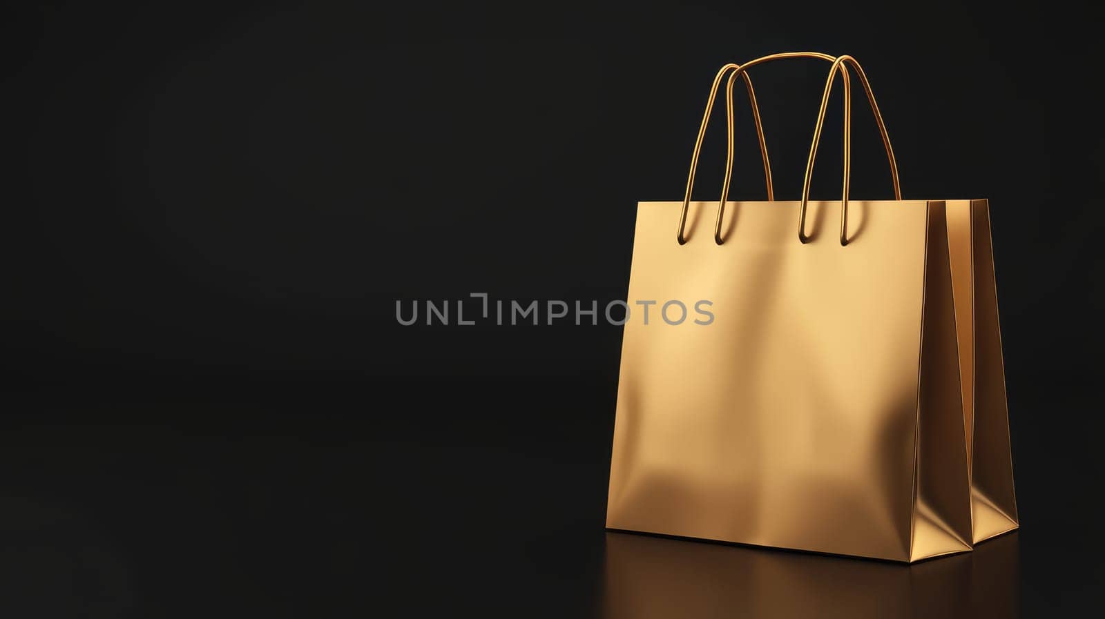 A sleek golden shopping bag on a black background, offering ample copy space for promotional designs.