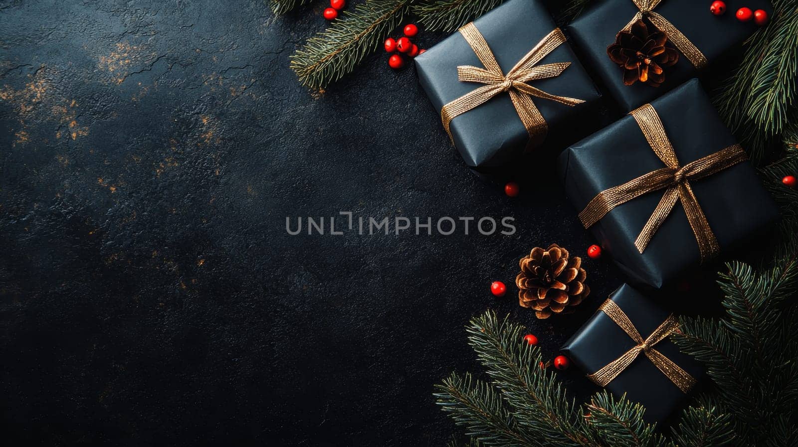 Black gift boxes with golden ribbons, surrounded by pinecones and red berries, capturing the essence of Christmas with copy space.