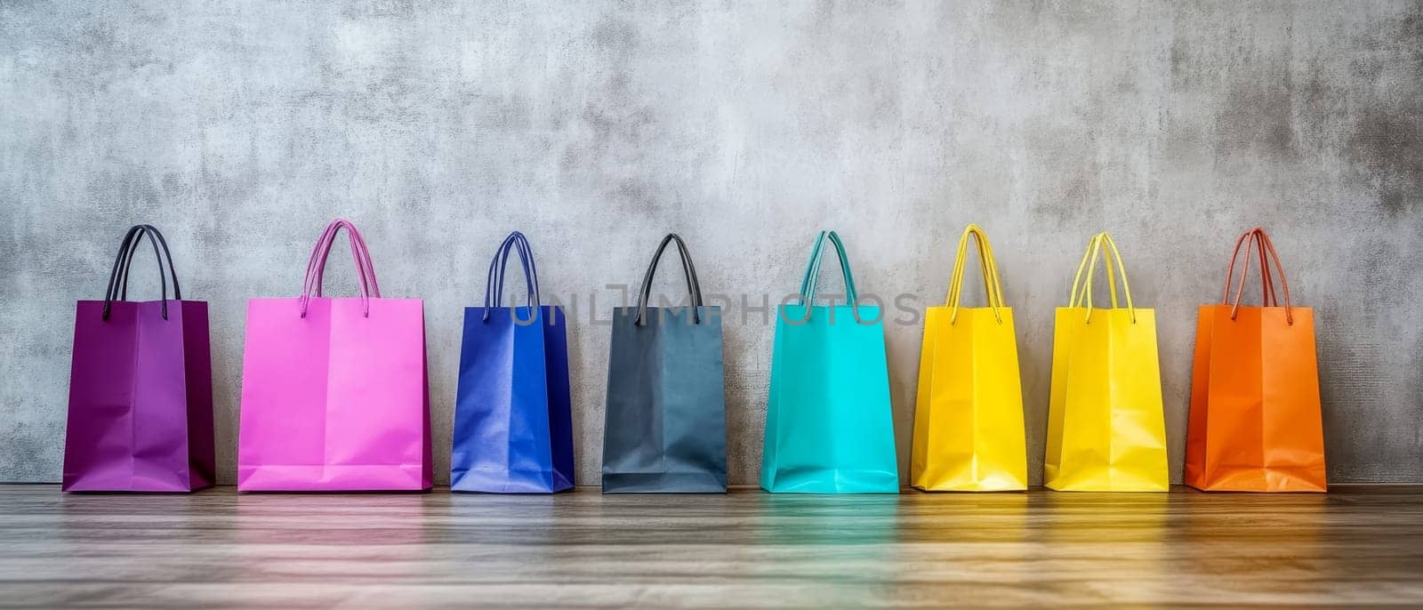 A row of vibrant shopping bags in various colors against a textured wall, perfect for retail themes.