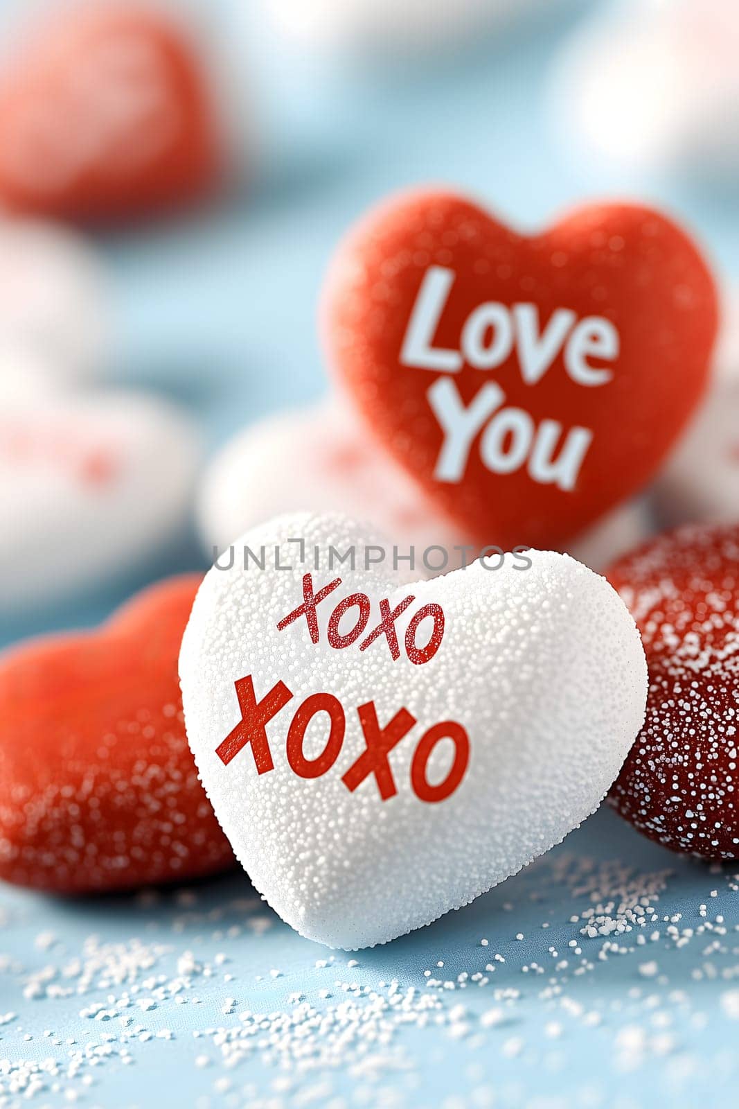 close-up of valentine's day candy hearts in red and white, featuring sweet messages like "xoxo"" and ""love you"" on a soft blue background. AI generated image"