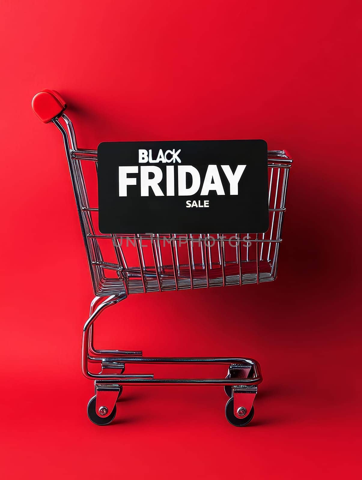 A shiny shopping cart with a Black Friday sale sign on a vibrant red background, emphasizing retail excitement.