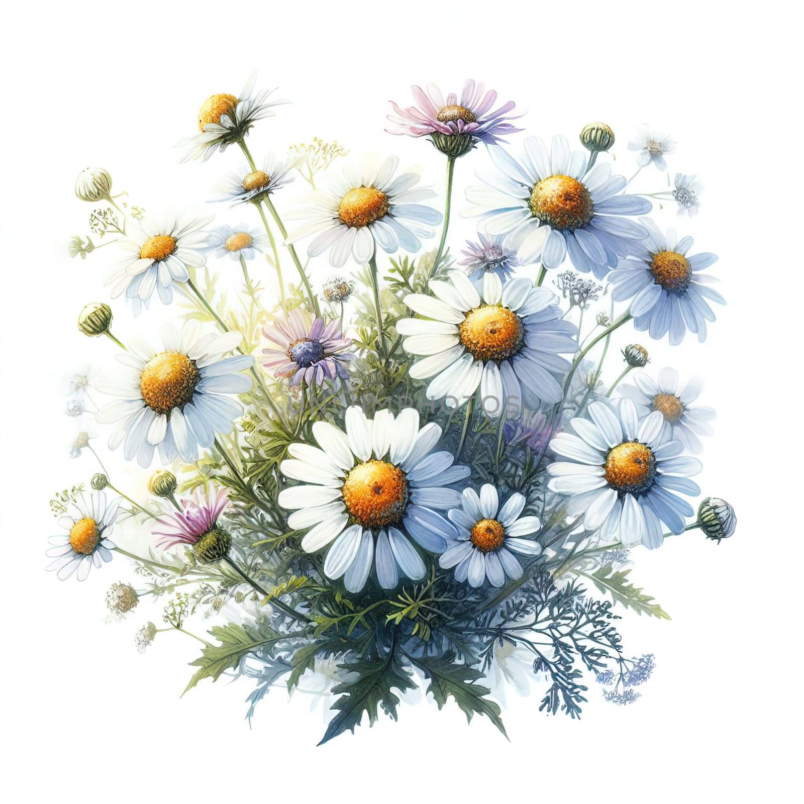 A vibrant bouquet of chamomile with white petals and yellow centers, artistically arranged against a white background