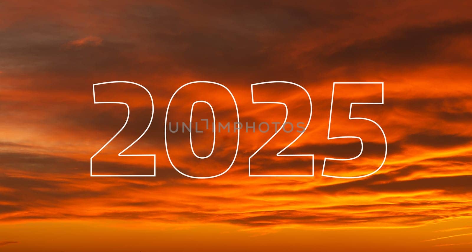 2025  text with stroke in front of cloudy sky - dawn time