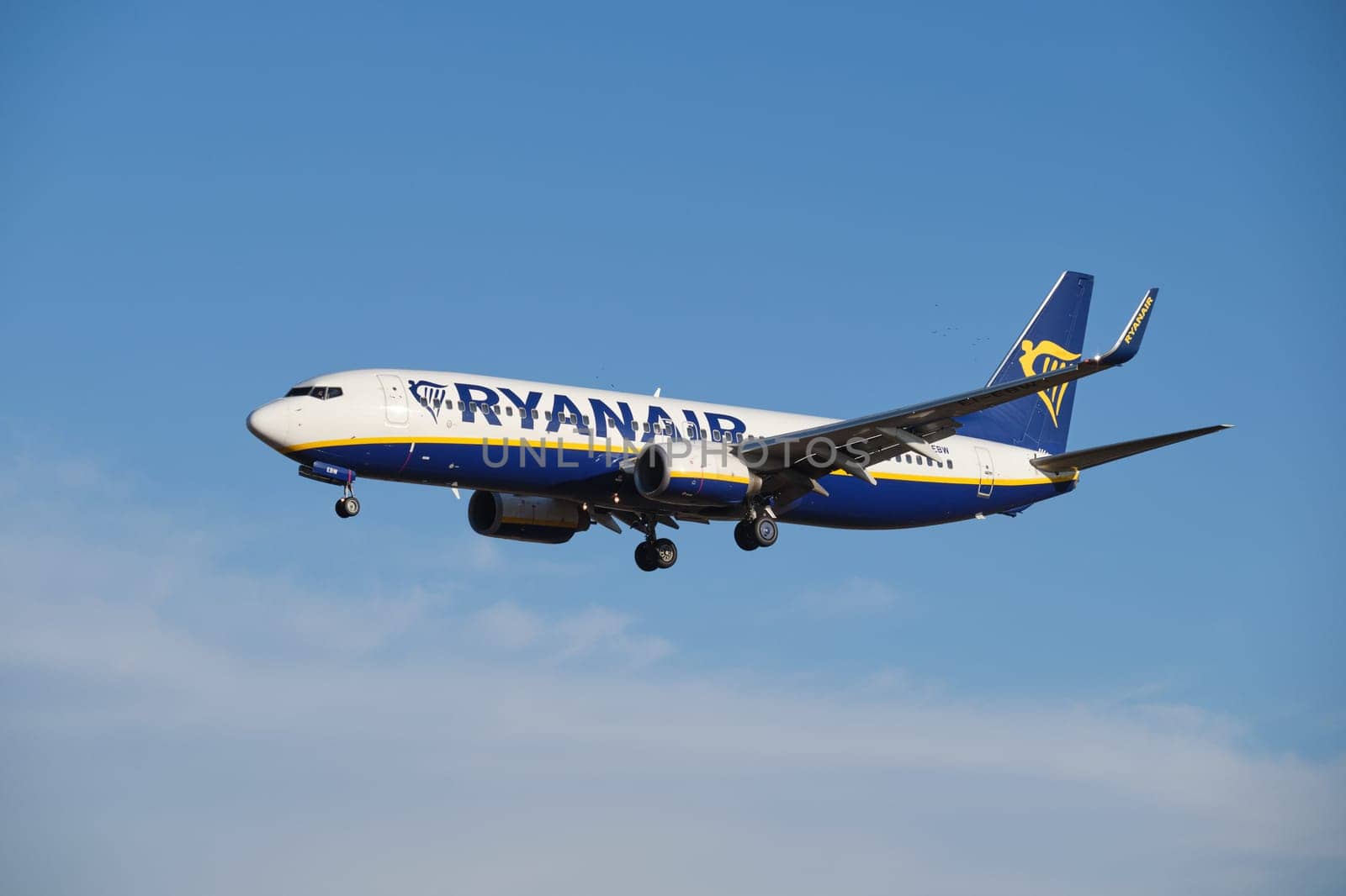 Lisbon, Portugal - September 2, 2023: Ryanair Boeing 737-8AS passenger plane landing in Humberto Delgado Airport in Lisbon