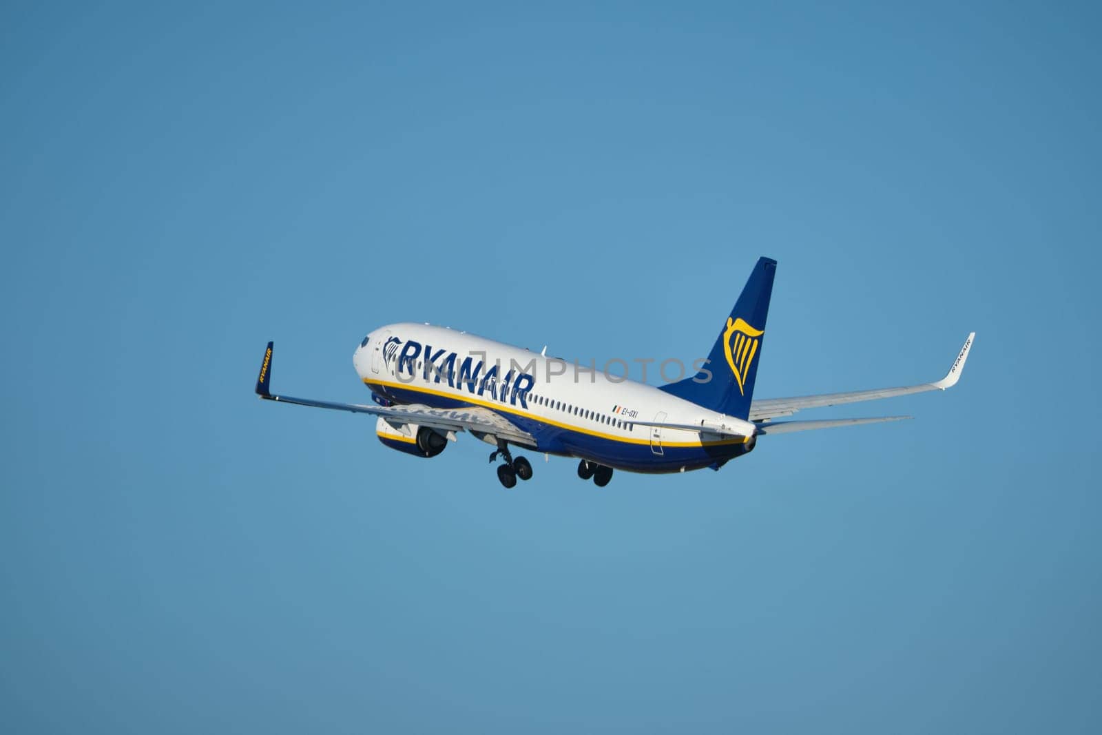 Lisbon, Portugal - September 2, 2023: Ryanair Boeing 737-8AS passenger plane take off in Humberto Delgado Airport in Lisbon