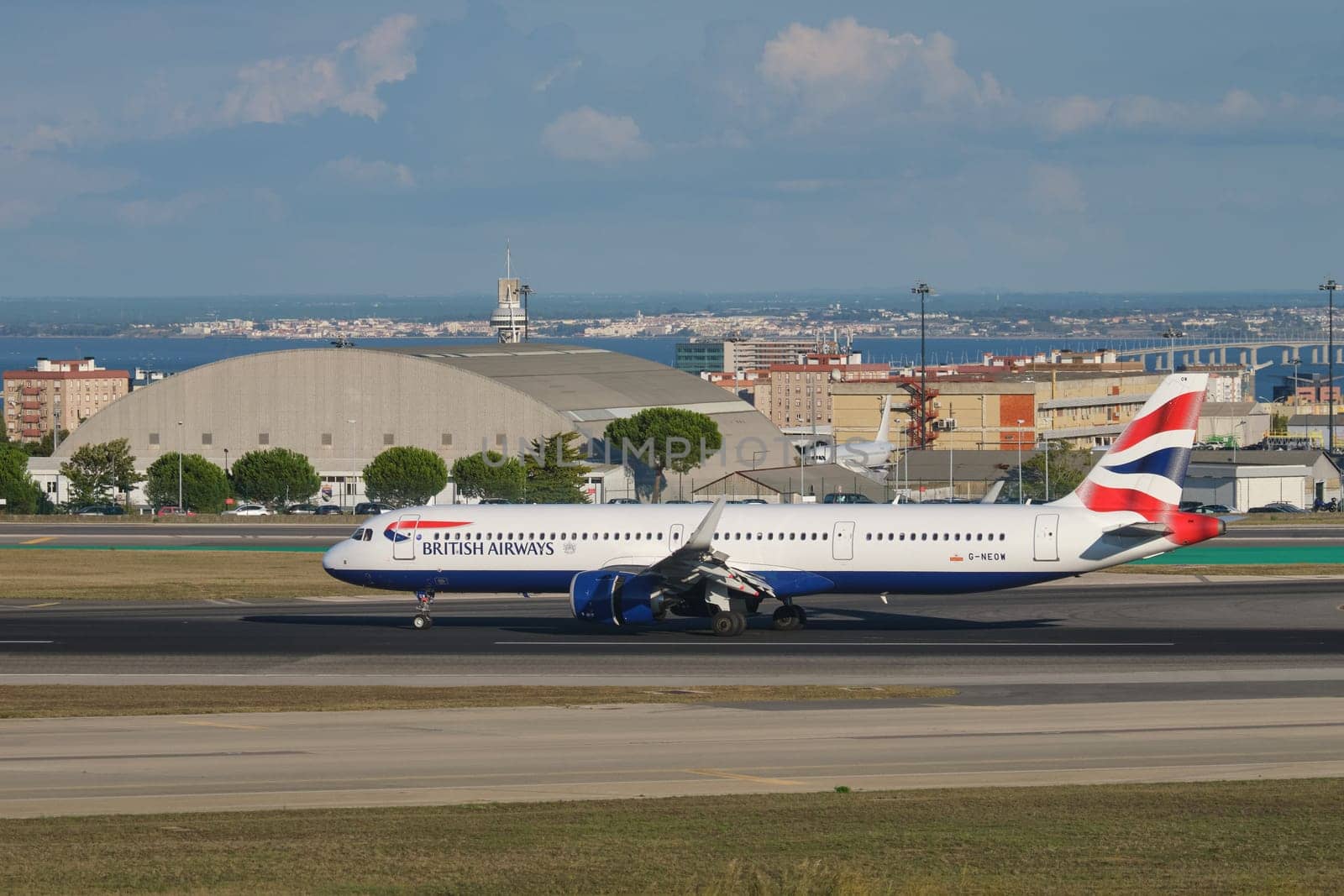 Lisbon, Portugal - September 2, 2023: British Airways Airbus A321-251NX passenger plane taxi on runway in Humberto Delgado Airport in Lisbon