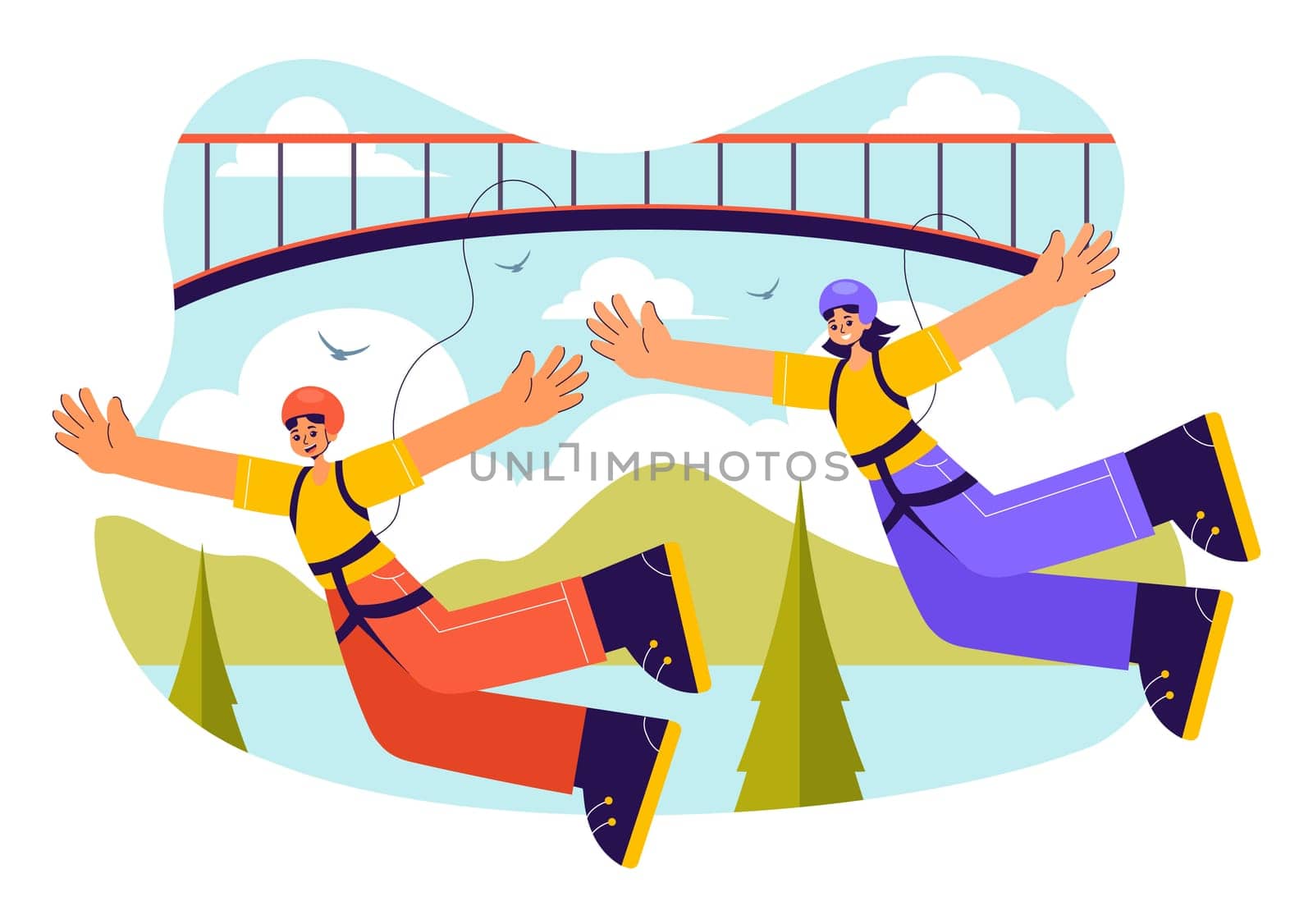 Bungee Jumping Vector Illustration featuring a Person Falling from a Great Height with an Elastic Rope in an Extreme Sport Flat Cartoon Background