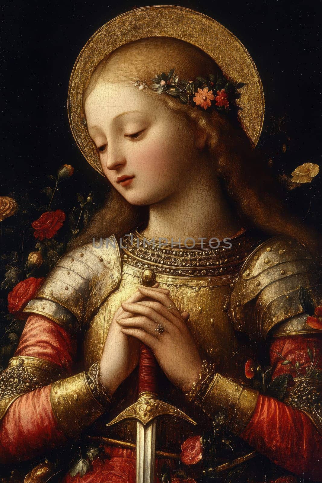 Joan of Arc, set against a dark background adorned with subtle flowers.  AI generative.