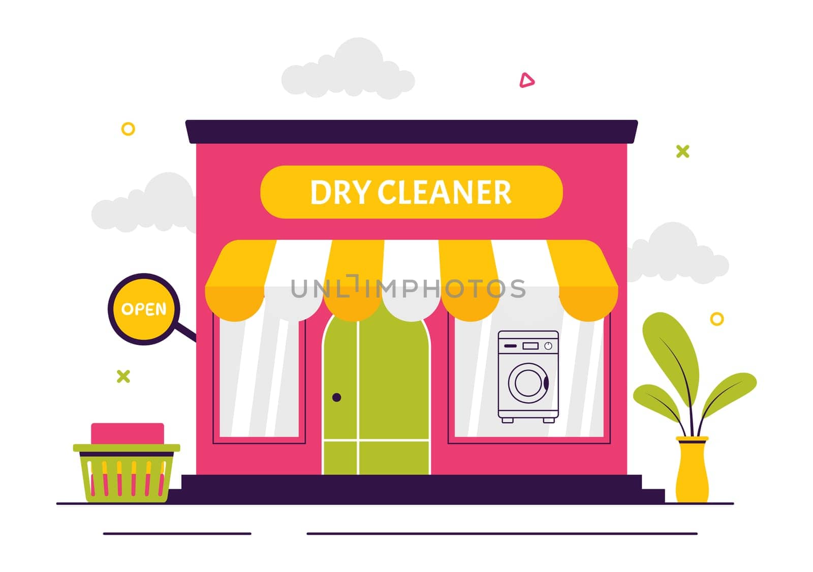 Dry Cleaning Store Service Vector Illustration featuring Washing Machines, Dryers, and Laundry Services for Clean and Fresh Clothing in a Background