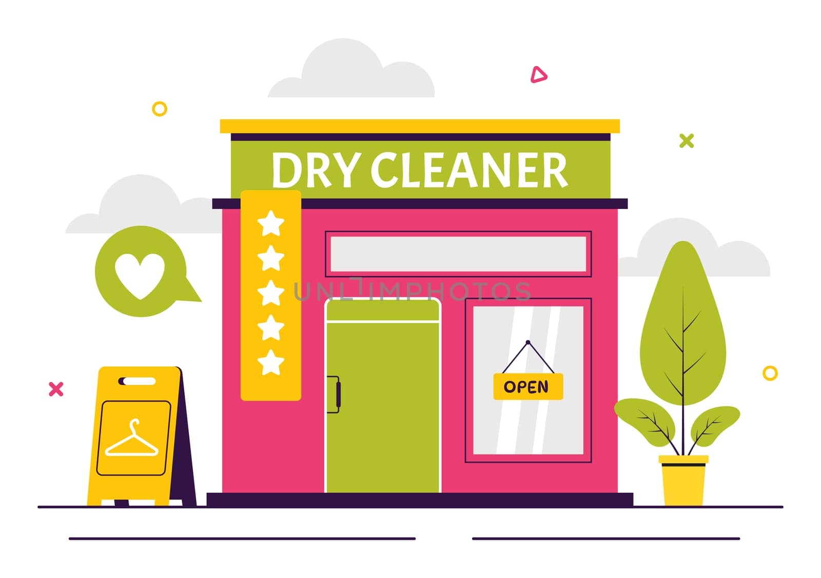 Dry Cleaning Store Service Vector Illustration featuring Washing Machines, Dryers, and Laundry Services for Clean and Fresh Clothing in a Background
