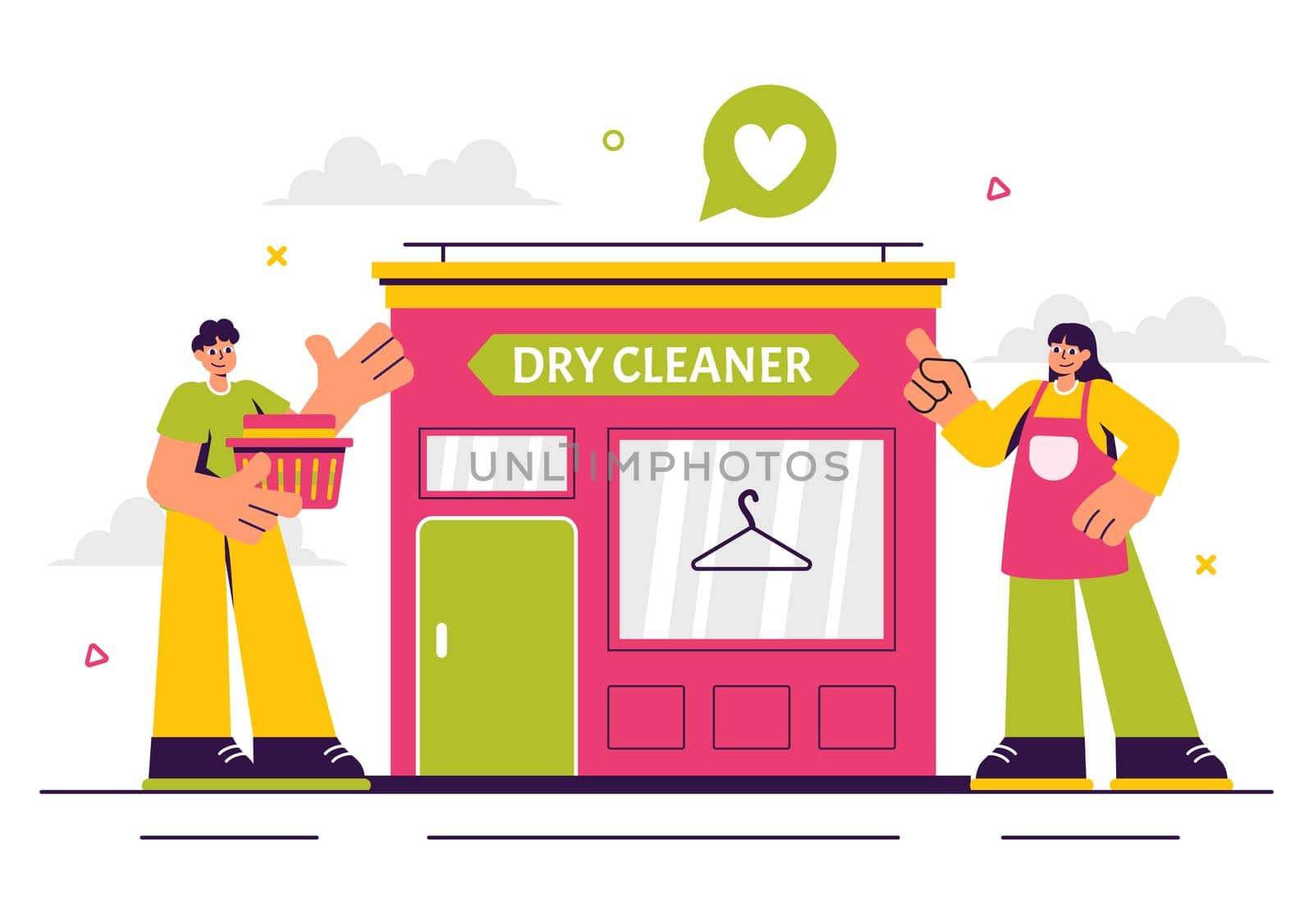 Dry Cleaning Store Service Vector Illustration featuring Washing Machines, Dryers, and Laundry Services for Clean and Fresh Clothing in a Background