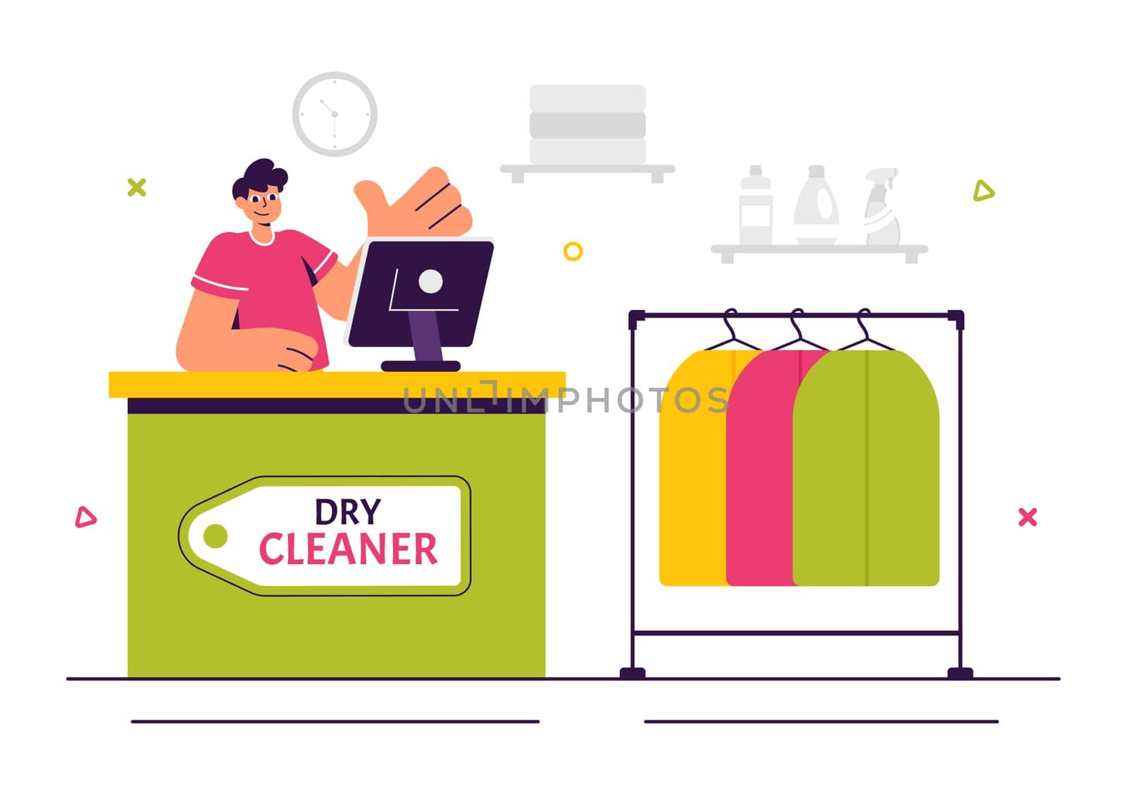 Dry Cleaning Store Service Vector Illustration featuring Washing Machines, Dryers, and Laundry Services for Clean and Fresh Clothing in a Background