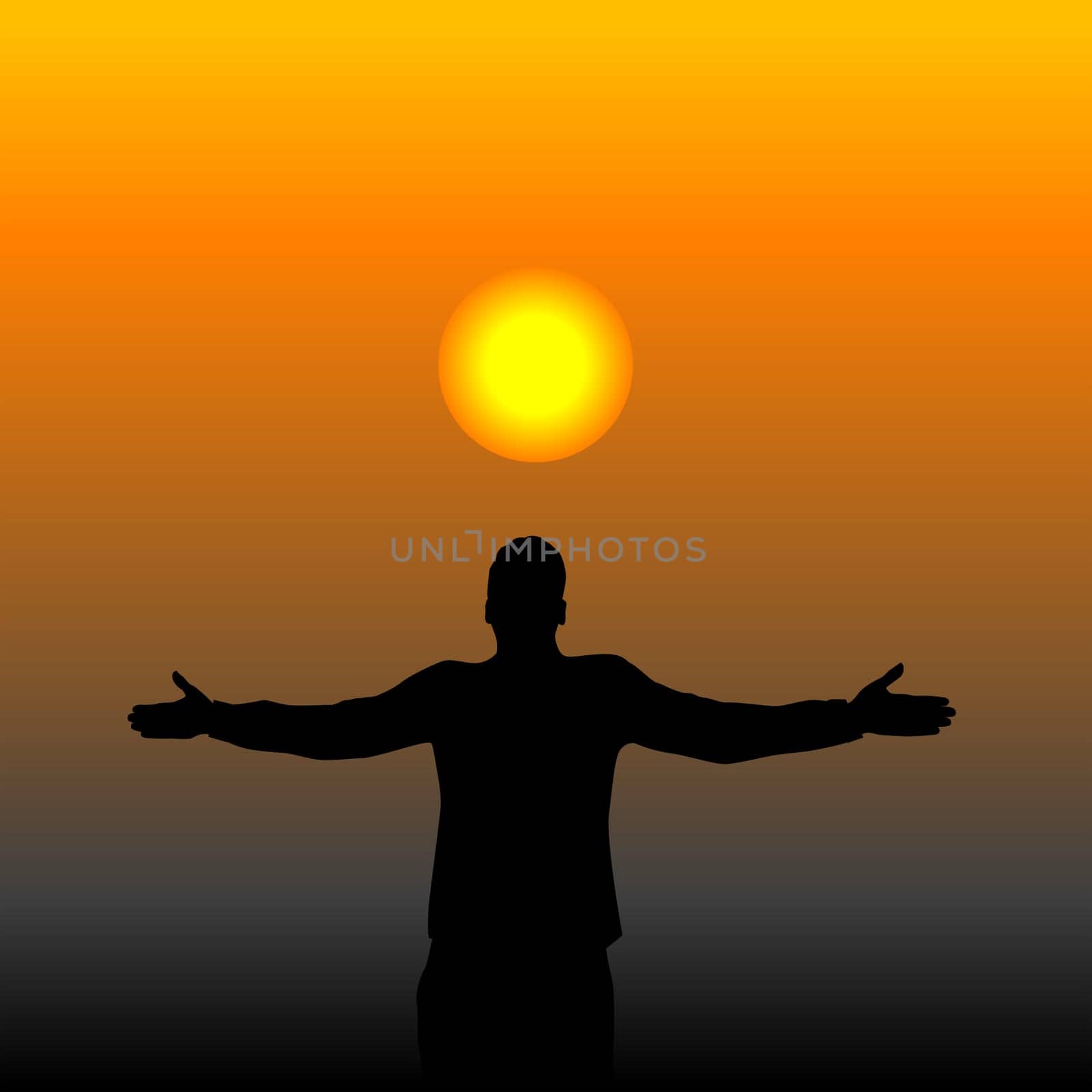 Man enjoy life standing outside with his hands raised towards sunrise sky