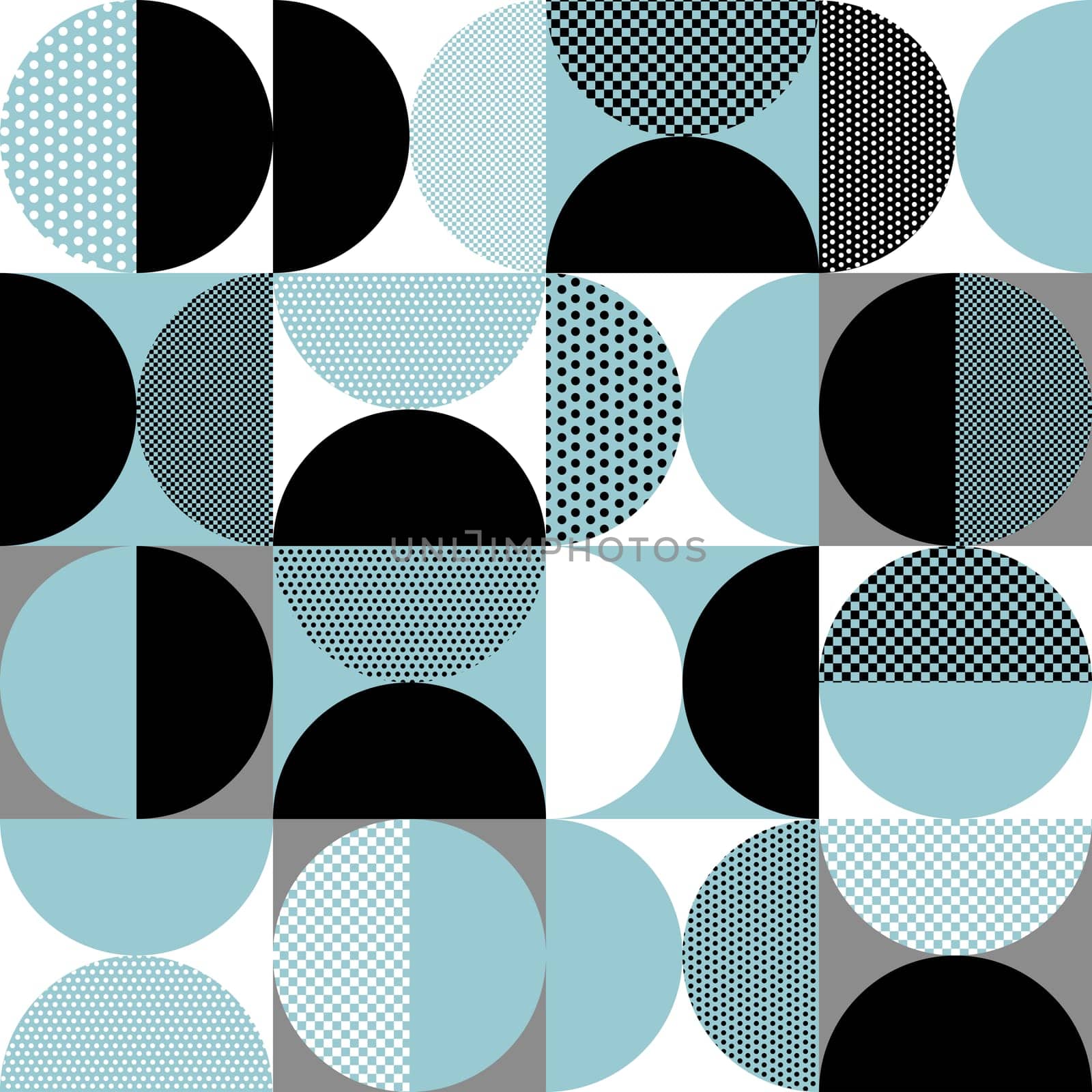 Geometric seamless pattern with abstract circle, square and dots. Blue, black and white color Bauhaus background