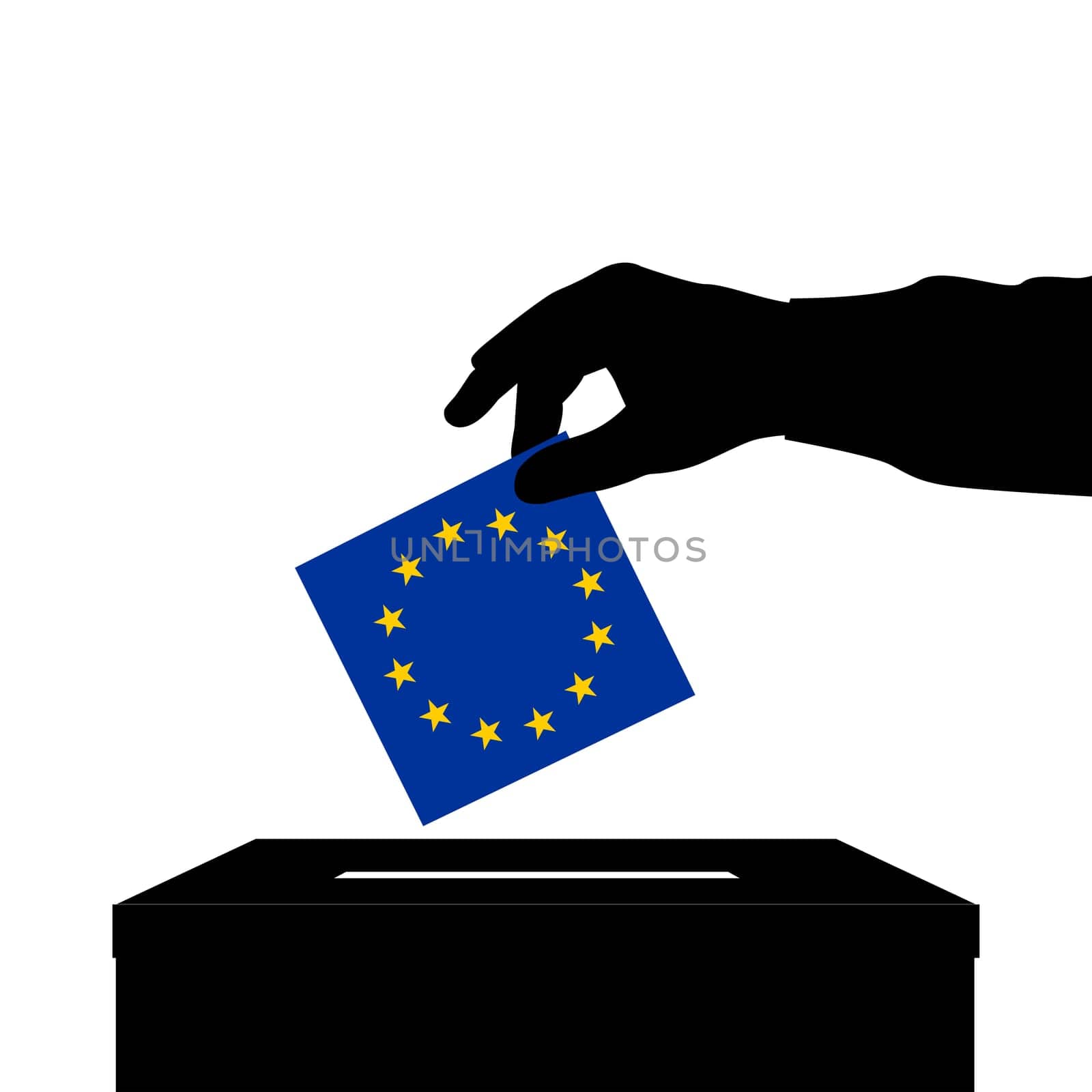 Vote for European elections .Silhouette of voter man putting ballot into voting box. EU citizen participation in voting