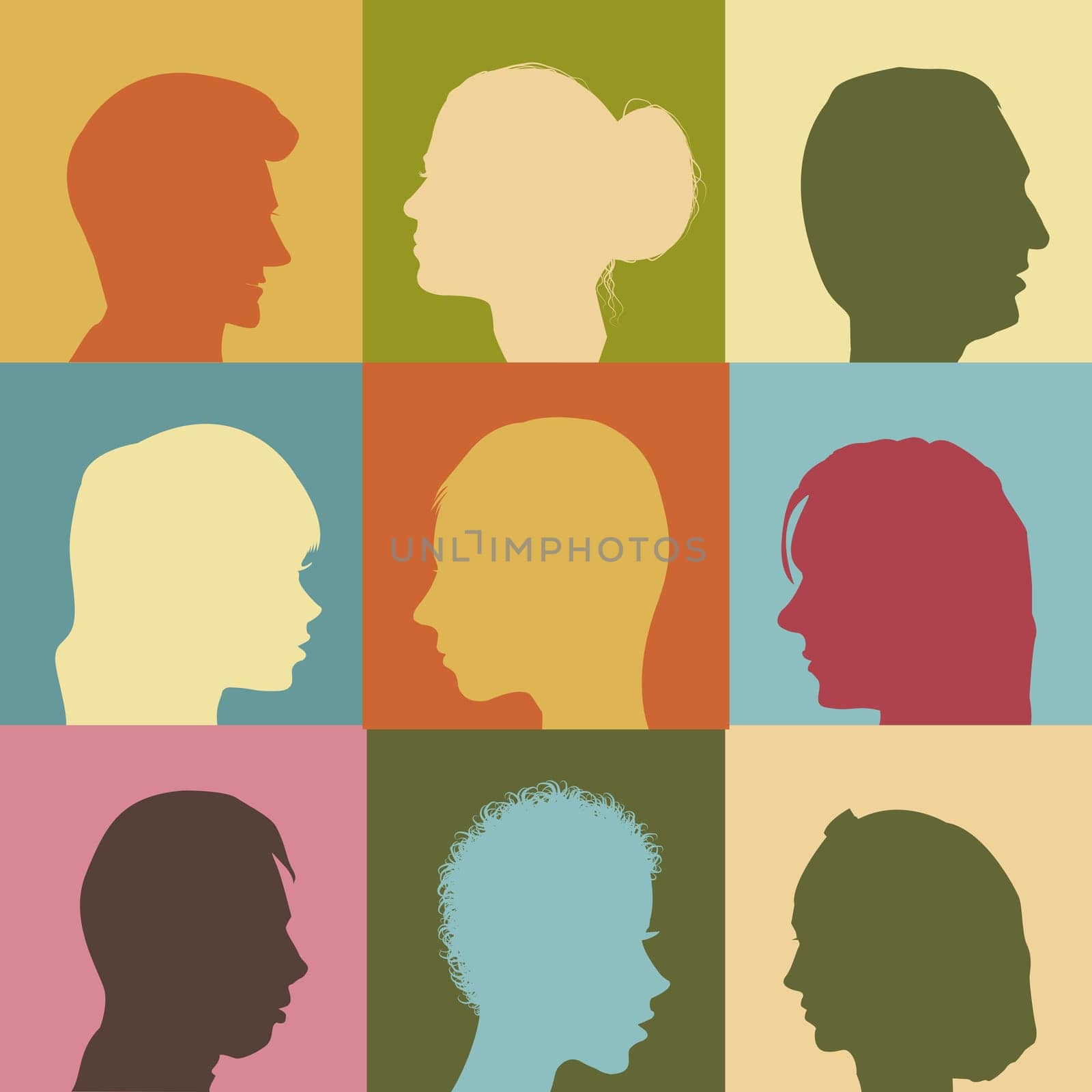 Vintage geometrical poster with profiles of women and men