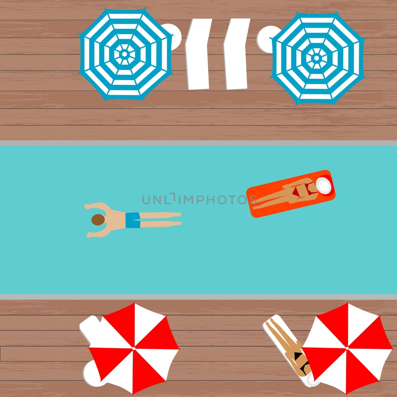 Top view of a swimming pool with people swimming or sitting on sunbeds to tan
