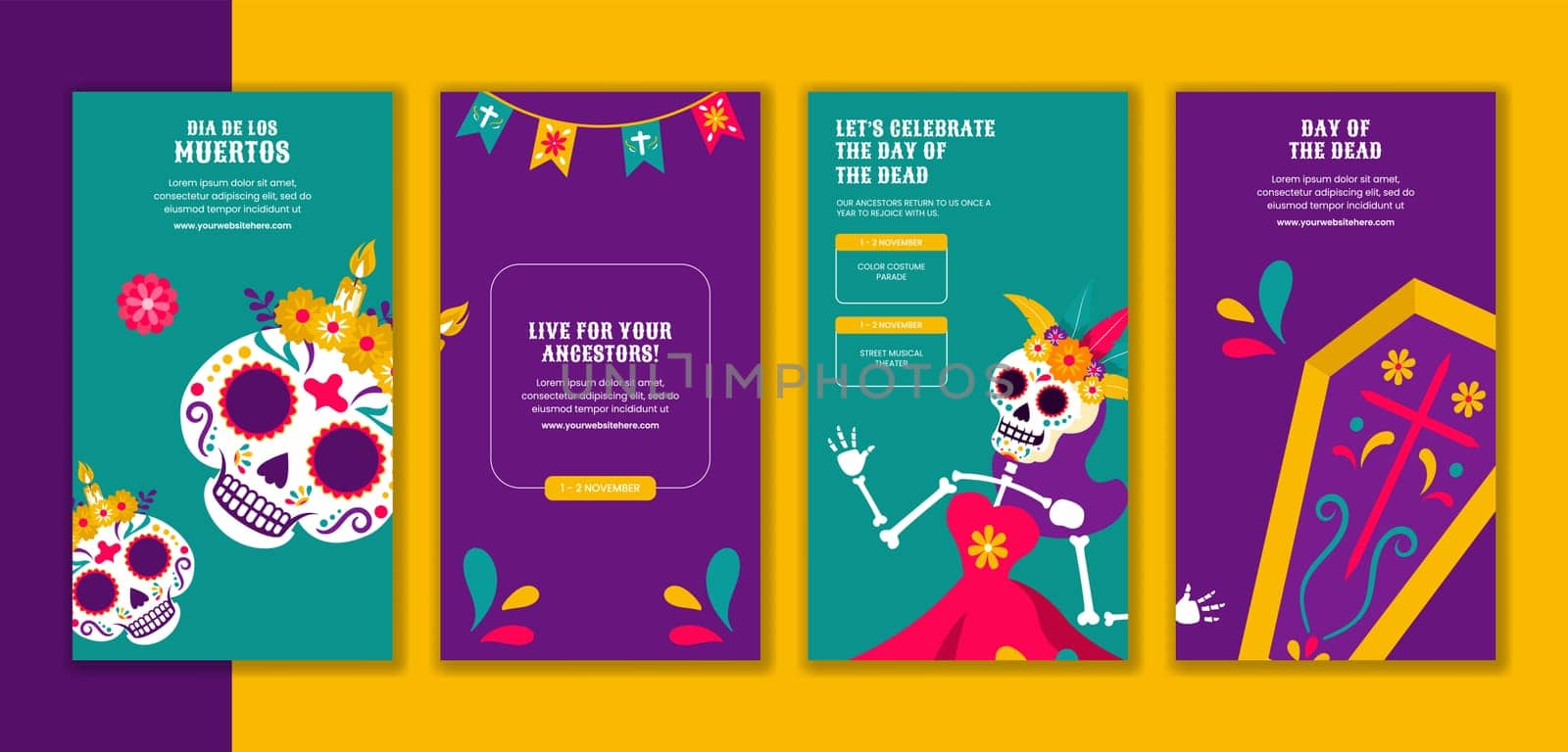 Dia de Los Muertos Festival Social Media Stories in Hand-Drawn Flat Cartoon Style
