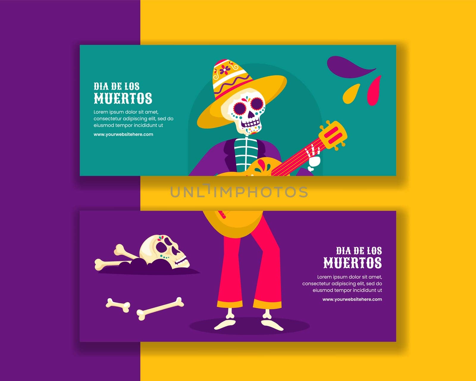 Dia de Los Muertos Festive Template for Horizontal Banner in Flat Hand Drawn Cartoon Style