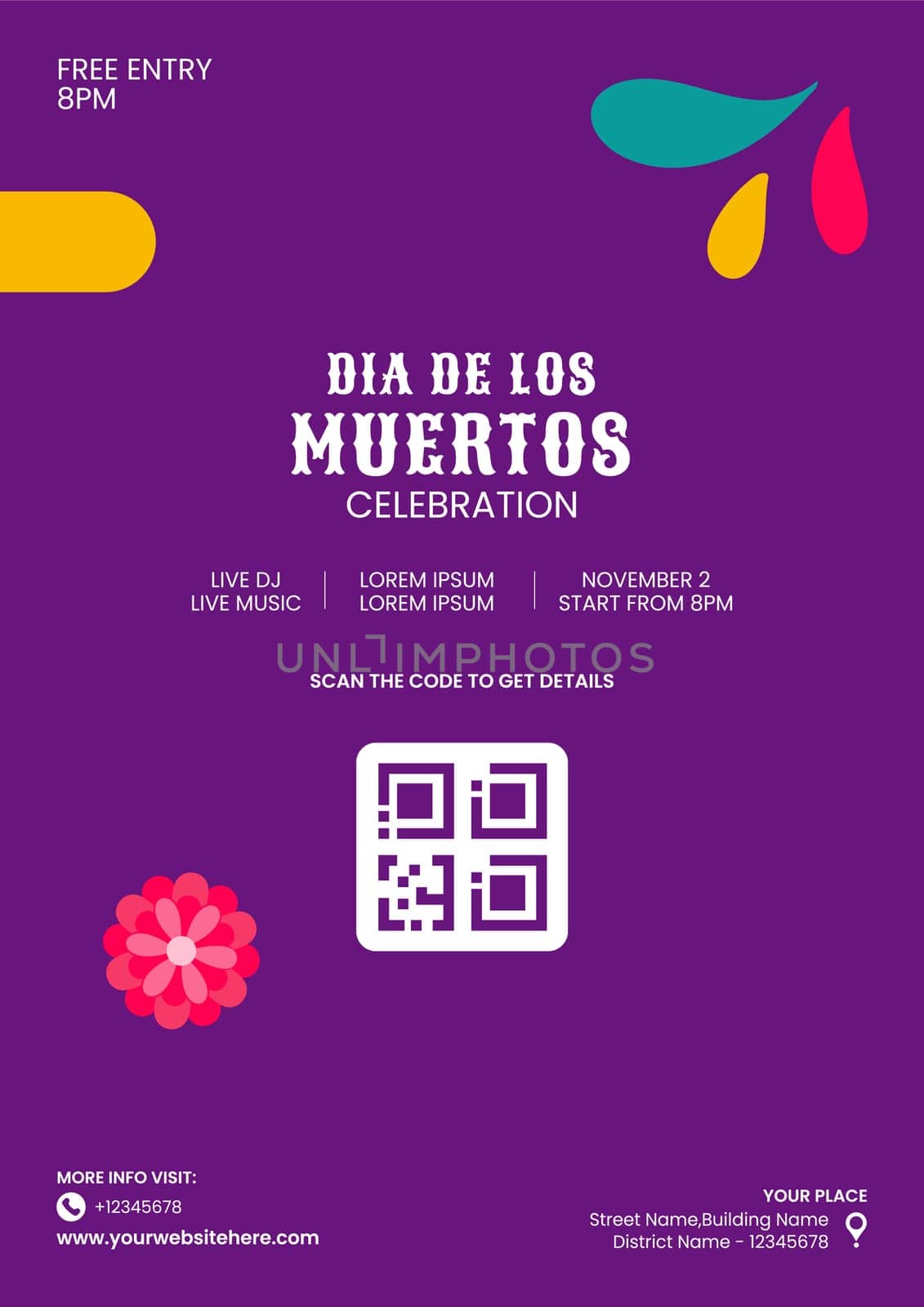 Flat Cartoon Style Dia de Los Muertos Flyer for Social Media with Festive Elements