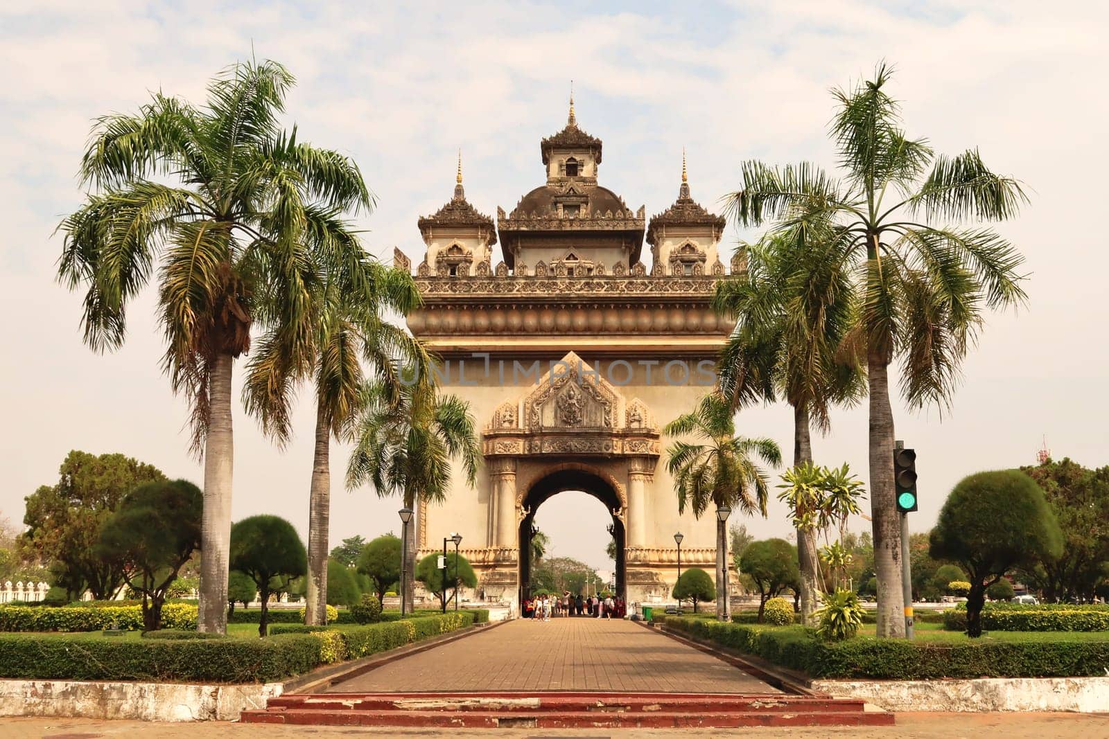View onto the Patuxai Monument, a war monument in the city center of Vientiane, Laos 2023