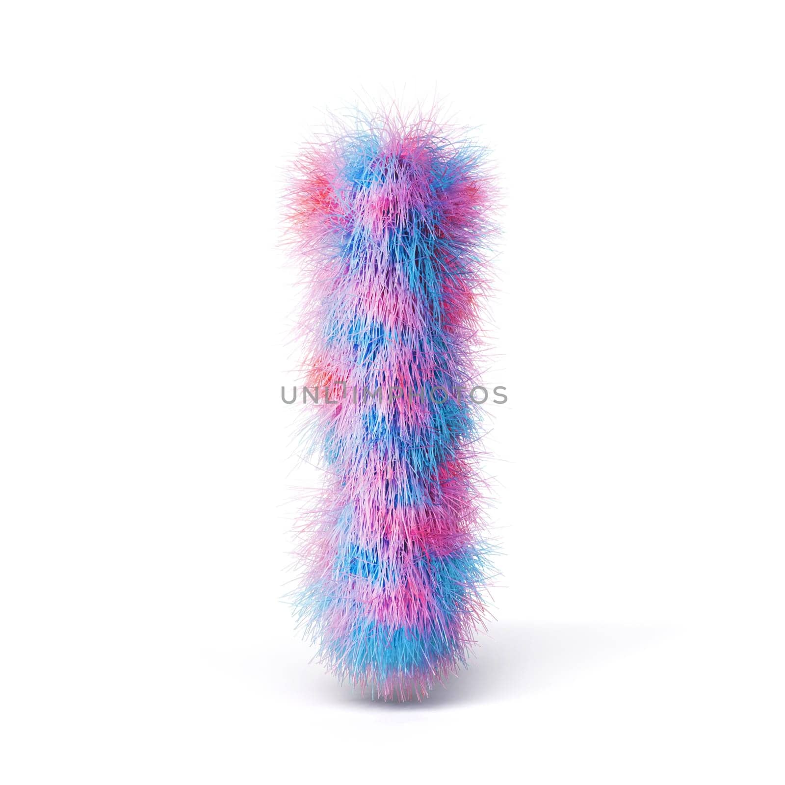 Blue pink fur font Letter I 3D rendering illustration isolated on white background