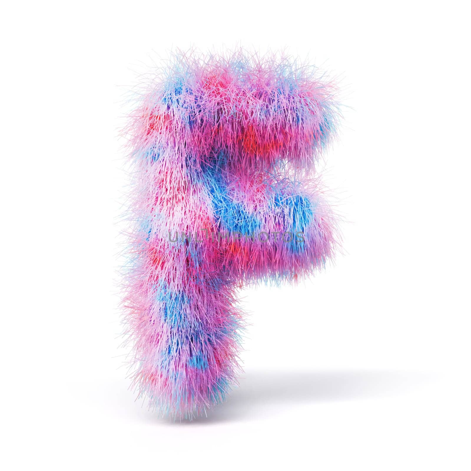 Blue pink fur font Letter F 3D rendering illustration isolated on white background