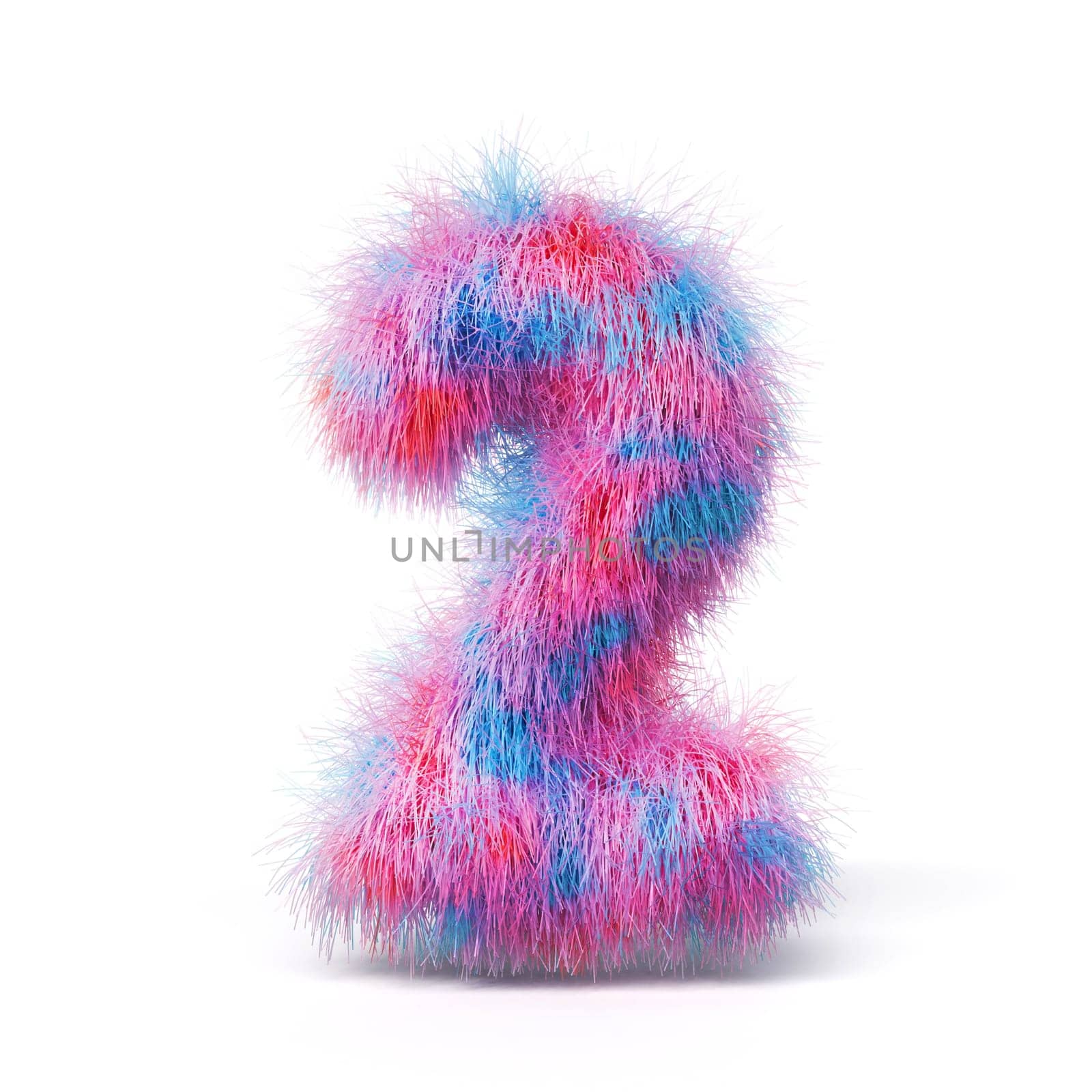 Blue pink fur font Number 2 TWO 3D rendering illustration isolated on white background