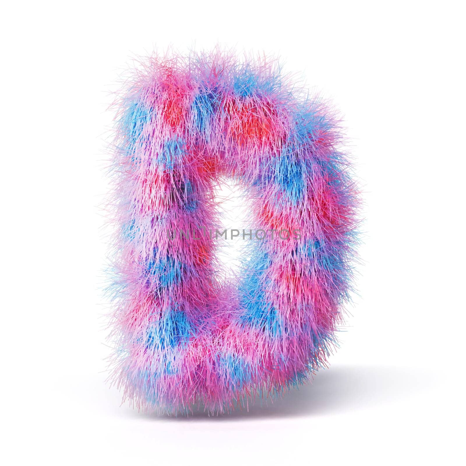 Blue pink fur font Letter D 3D rendering illustration isolated on white background