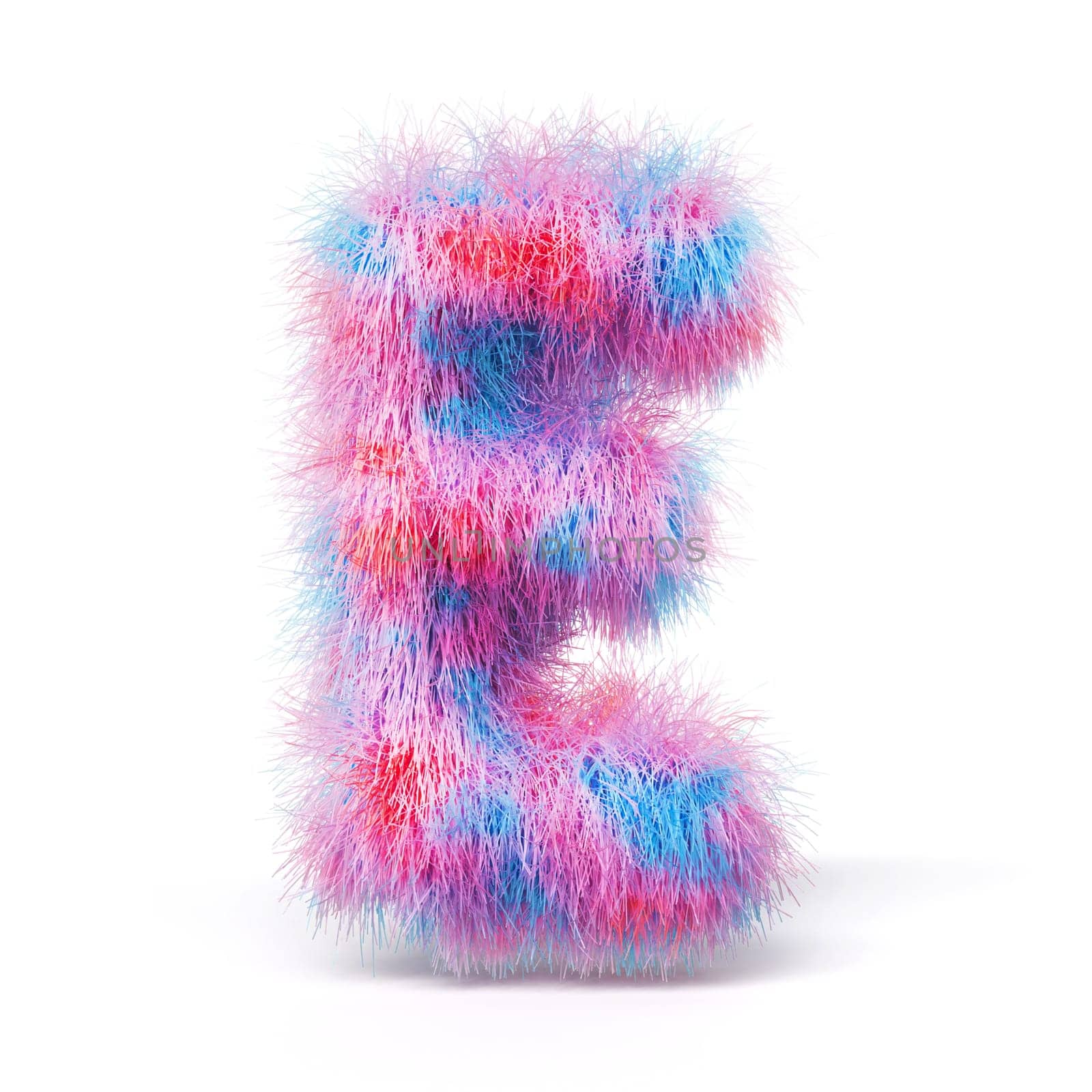 Blue pink fur font Letter E 3D rendering illustration isolated on white background