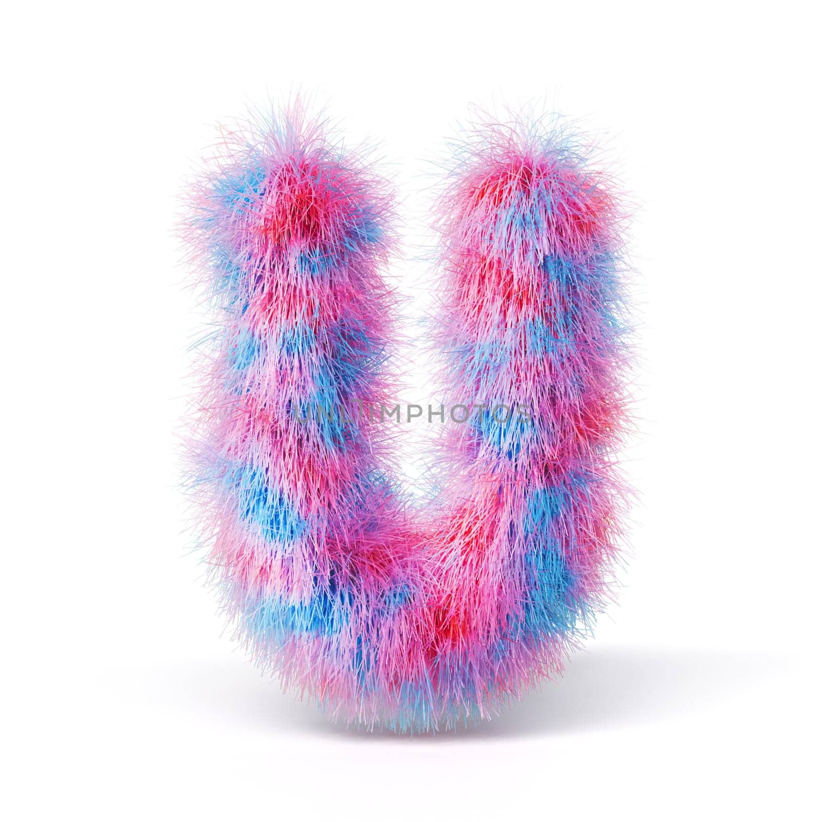 Blue pink fur font Letter U 3D rendering illustration isolated on white background