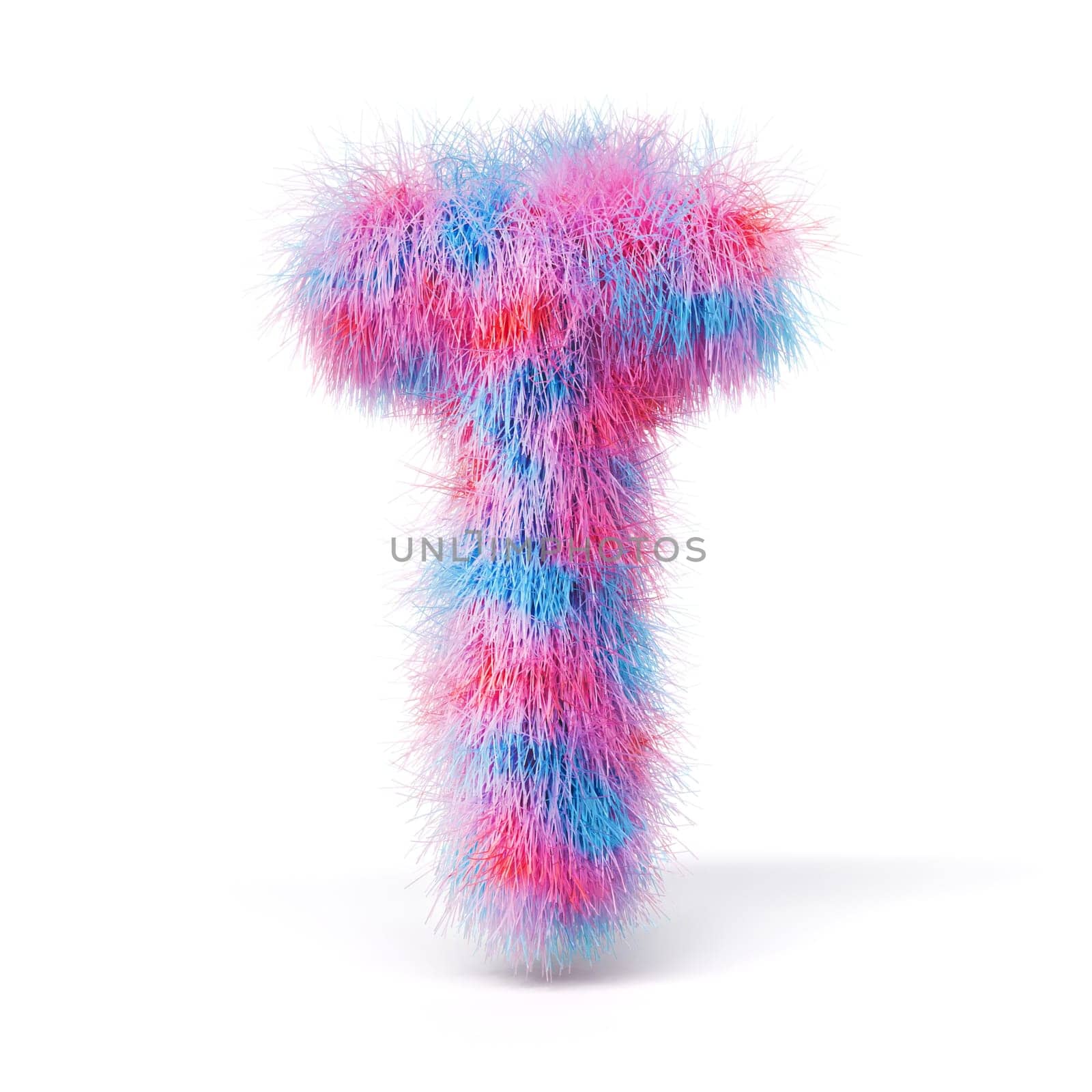 Blue pink fur font Letter T 3D rendering illustration isolated on white background