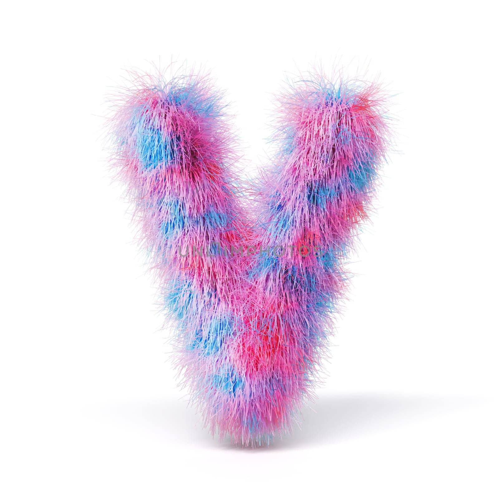 Blue pink fur font Letter V 3D rendering illustration isolated on white background