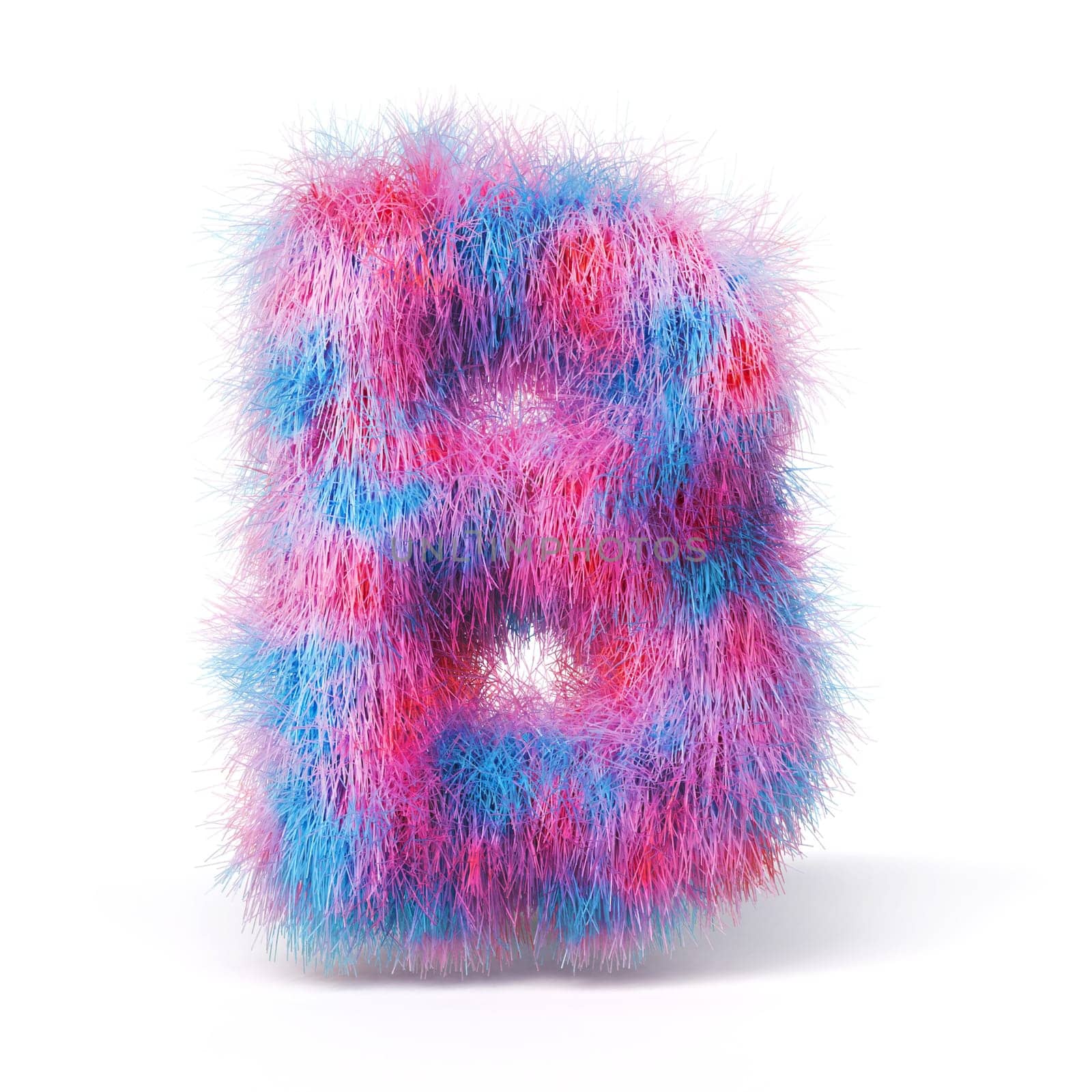 Blue pink fur font Letter B 3D rendering illustration isolated on white background