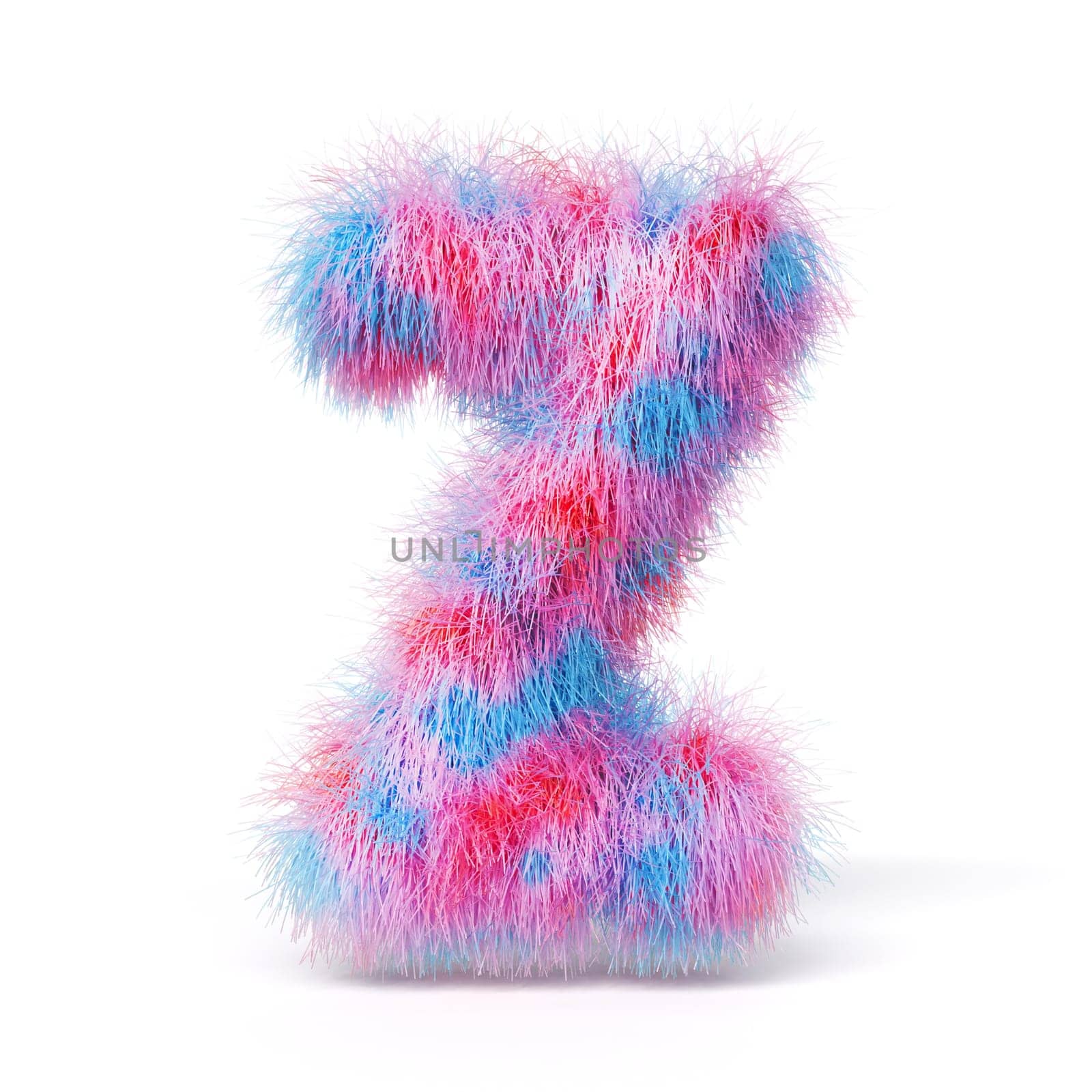 Blue pink fur font Letter Z 3D rendering illustration isolated on white background