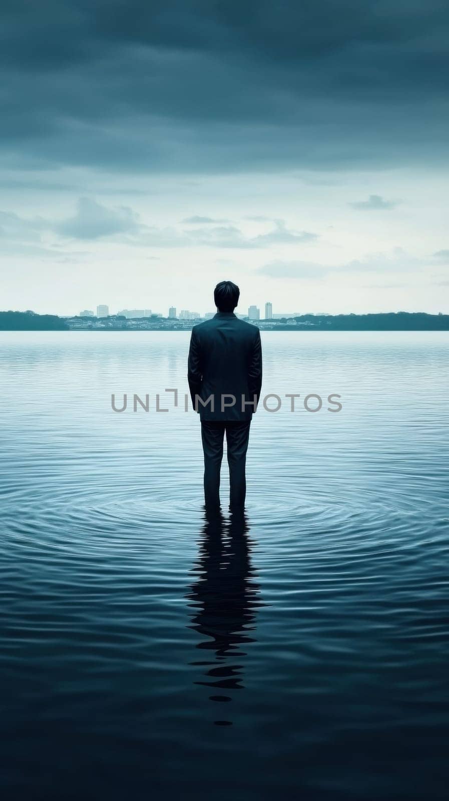 Businessman standing in calm water looking towards distant city under dramatic sky